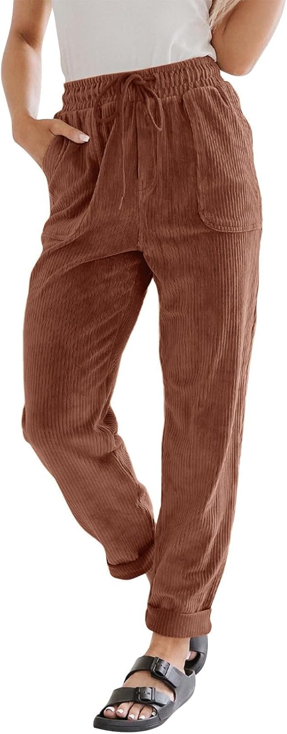 Corduroy Pants for Women Casual Drawstring Elastic High Waisted Straight Leg Pants Loose Comfy Trousers with Pockets