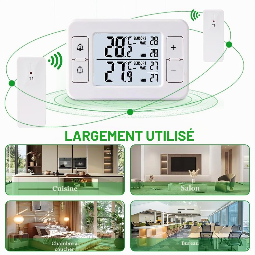 Thermomètre de réfrigérateur, thermomètre de congélateur avec 2 capteurs sans fil, thermomètre intérieur extérieur, alarme de température, MIN/MAX, flèche d'affichage de tendance de température