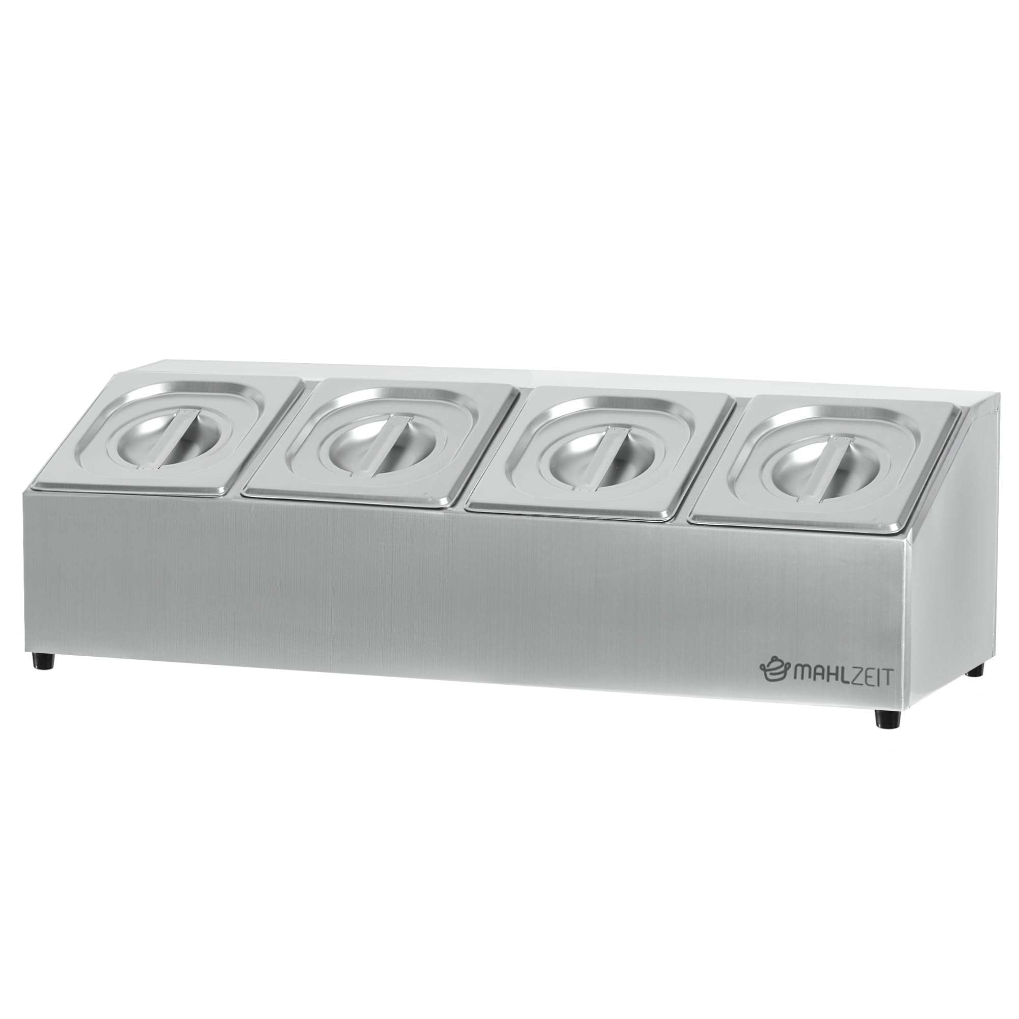 Mahlzeit Contenedor de Ingredientes con Tapa de Acero Inoxidable | 68,5 x 24,5 x 21,5 cm | 4 recipientes GN 1/6 | Para Catering, Gastromía, Cocina, Estación de Pizza, Buffet, Barra de Ensaladas