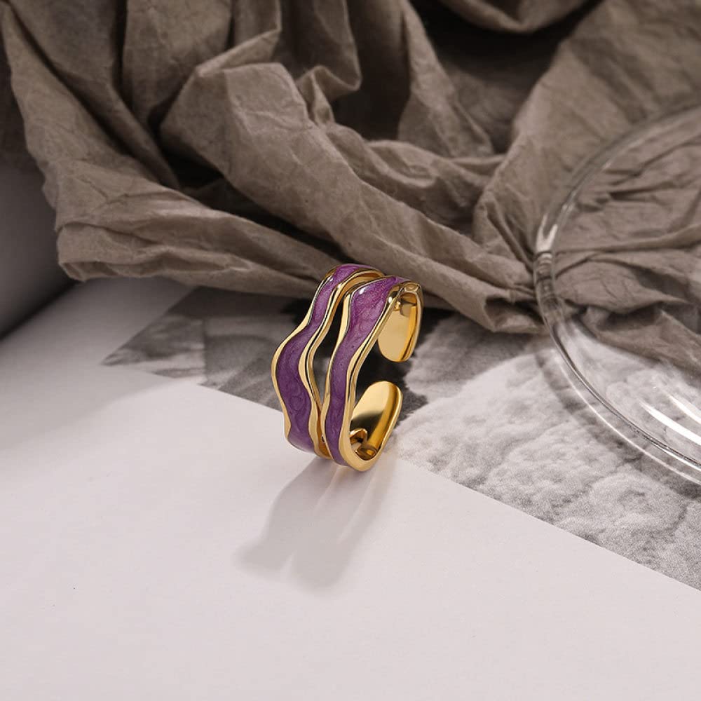 HGJH Anelli d'Argento,Anelli Regolabili per Donna Doppio Strato Argento Sterling 925 Viola Goccia Colla Irregolarità Anello Dito Indice Placcato Oro Anelli di Promessa per Ragazze Signore