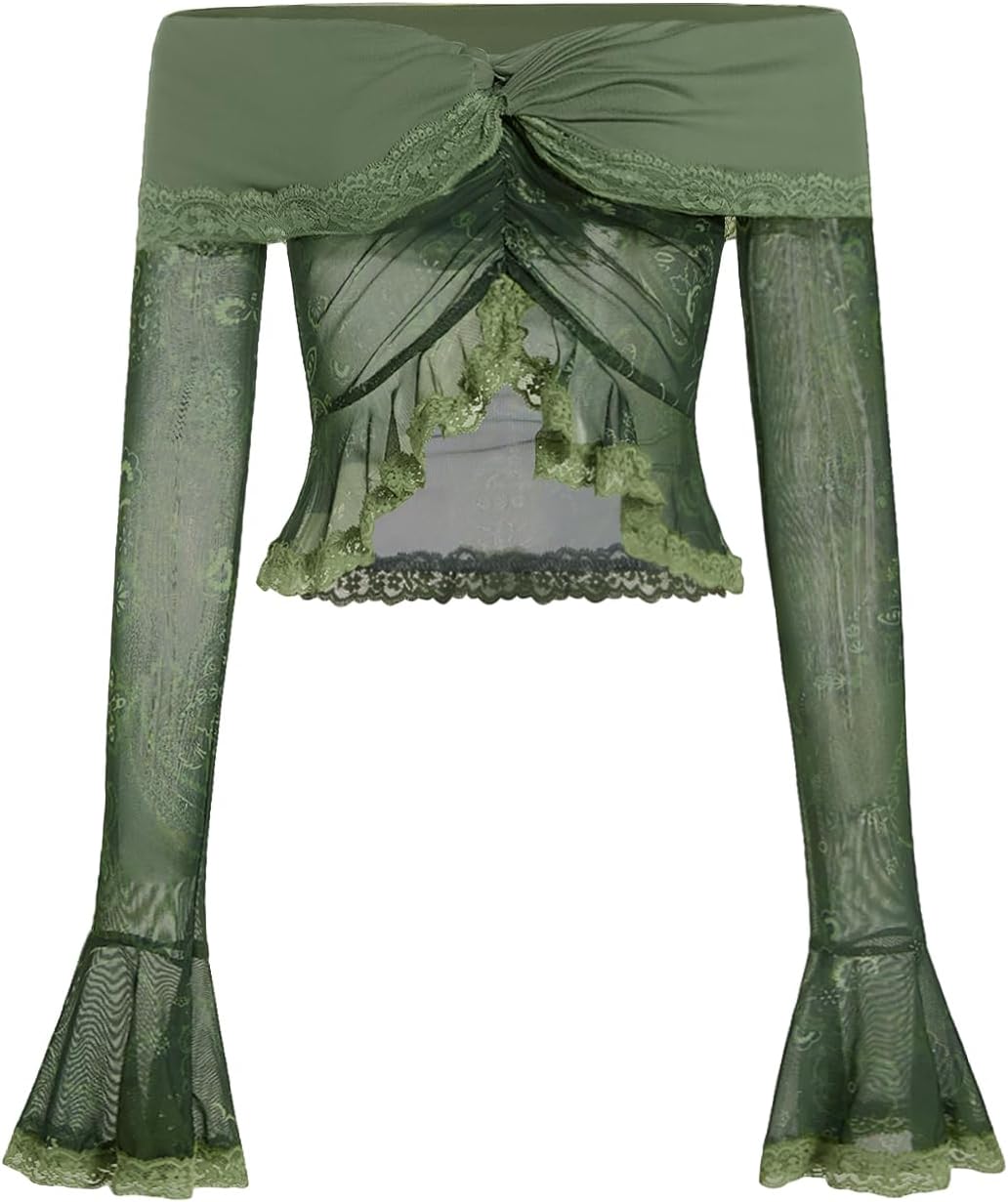 MakeMeChic Women's Off The Shoulder Renaissance Tops Lace Bell Flared Sleeve Floral Boho Mesh Crop Tops