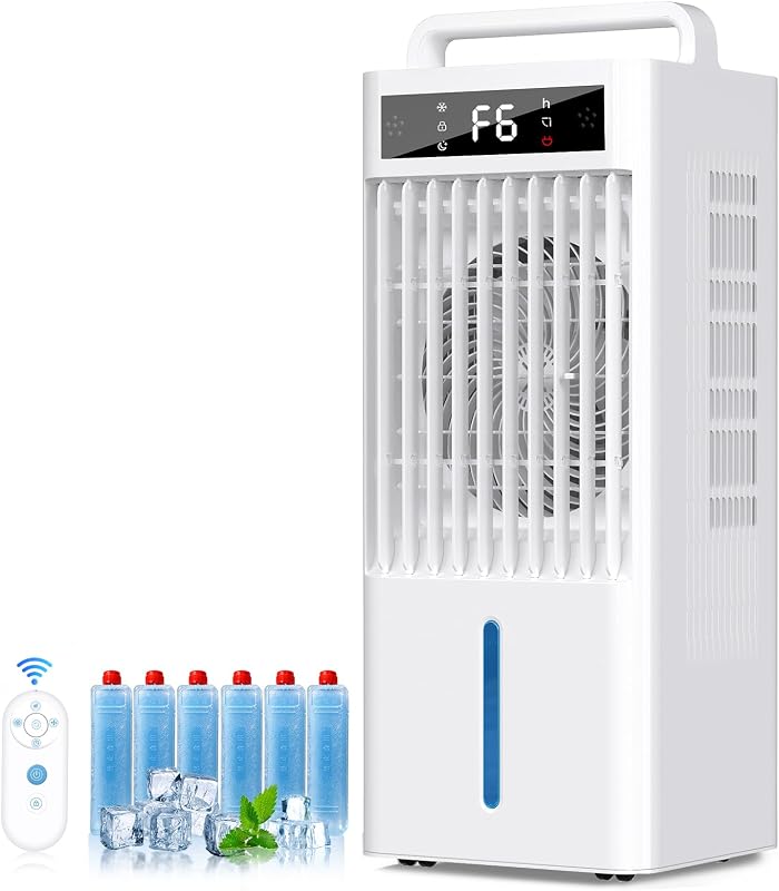 Feculs Aires acondicionados portátiles, enfriador de pantano 4 en 1, enfriador de aire evaporativo, 6 velocidades y 3 modos, tanque de agua de 3 galones para refrigeración, control remoto de 15-20 pies/s, ventilador enfriador de aire portátil para interiores