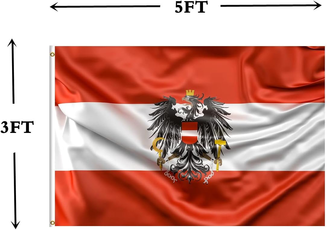 Austria with Eagle Flag 3x5FT Embroidered 210D Indoor Outdoor, Vibrant Colors, Sewn Stripes and Brass Grommets, Heavy Duty Nylon.