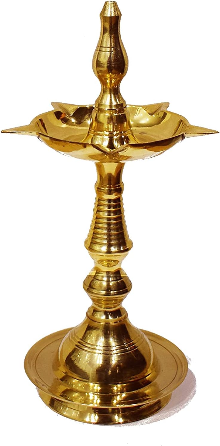 Craftsman 13 Inch Pure Virgin Brass Kerala Samai Puja Diya Traditional Brass Kutthu Vilakku Oil Lamp Pooja 1 Step Dia Engraved Design Adjustable Deepak Pooja Article Indian Housewarming Gift Item
