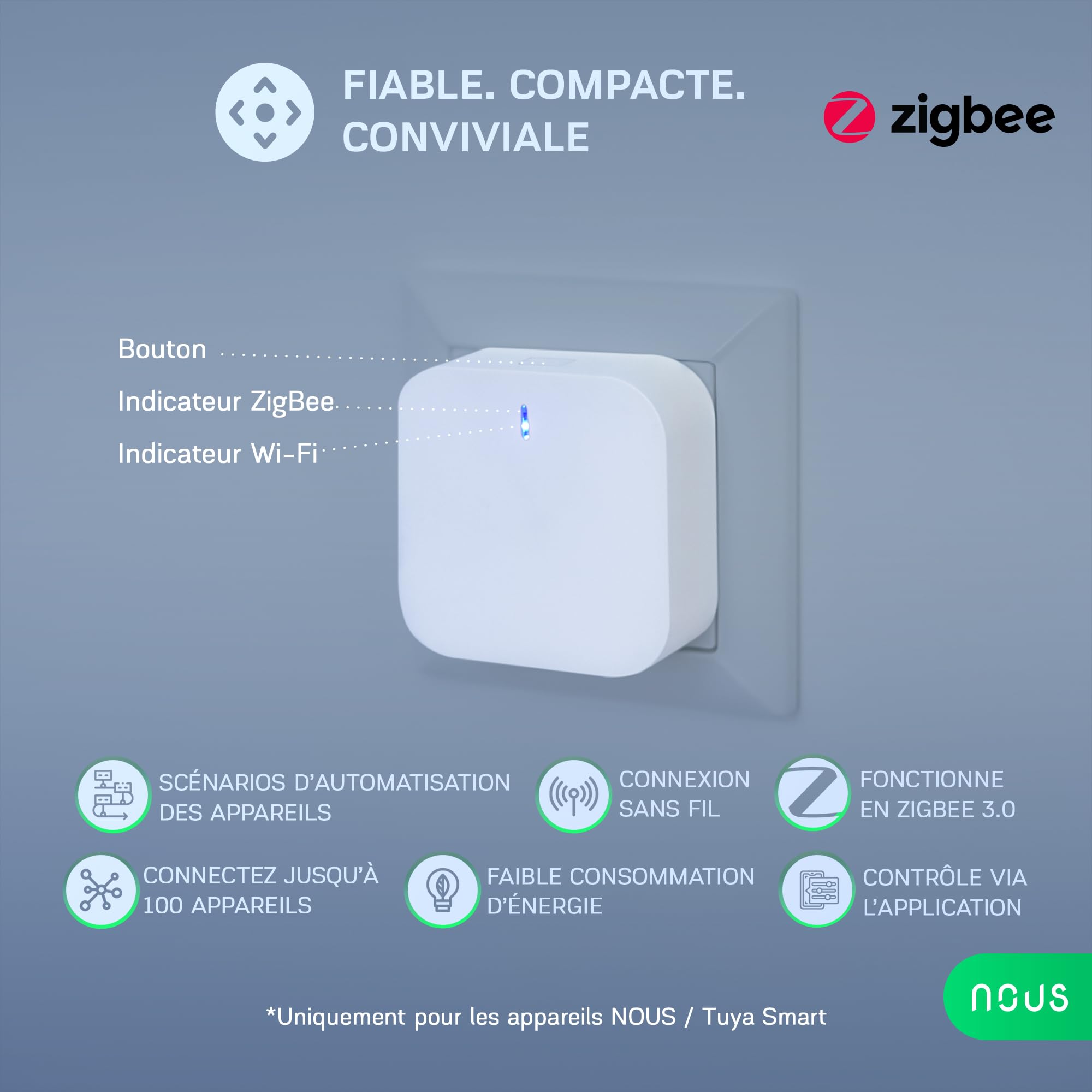 NOUS Passerelle ZigBee Prise E1, jusqu'à 128 appareils Tuya, Smart Life, ZigBee 3.0 Prises, Interrupteur, Relais, Volet Roulant, Ampoule et Rubans LED. Wi-FI 2,4 GHz