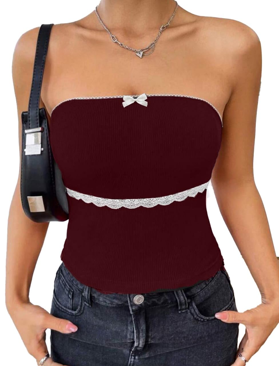 Solid Lace Trim Bow Front Tube Ribbed Crop Top for Women-image-40