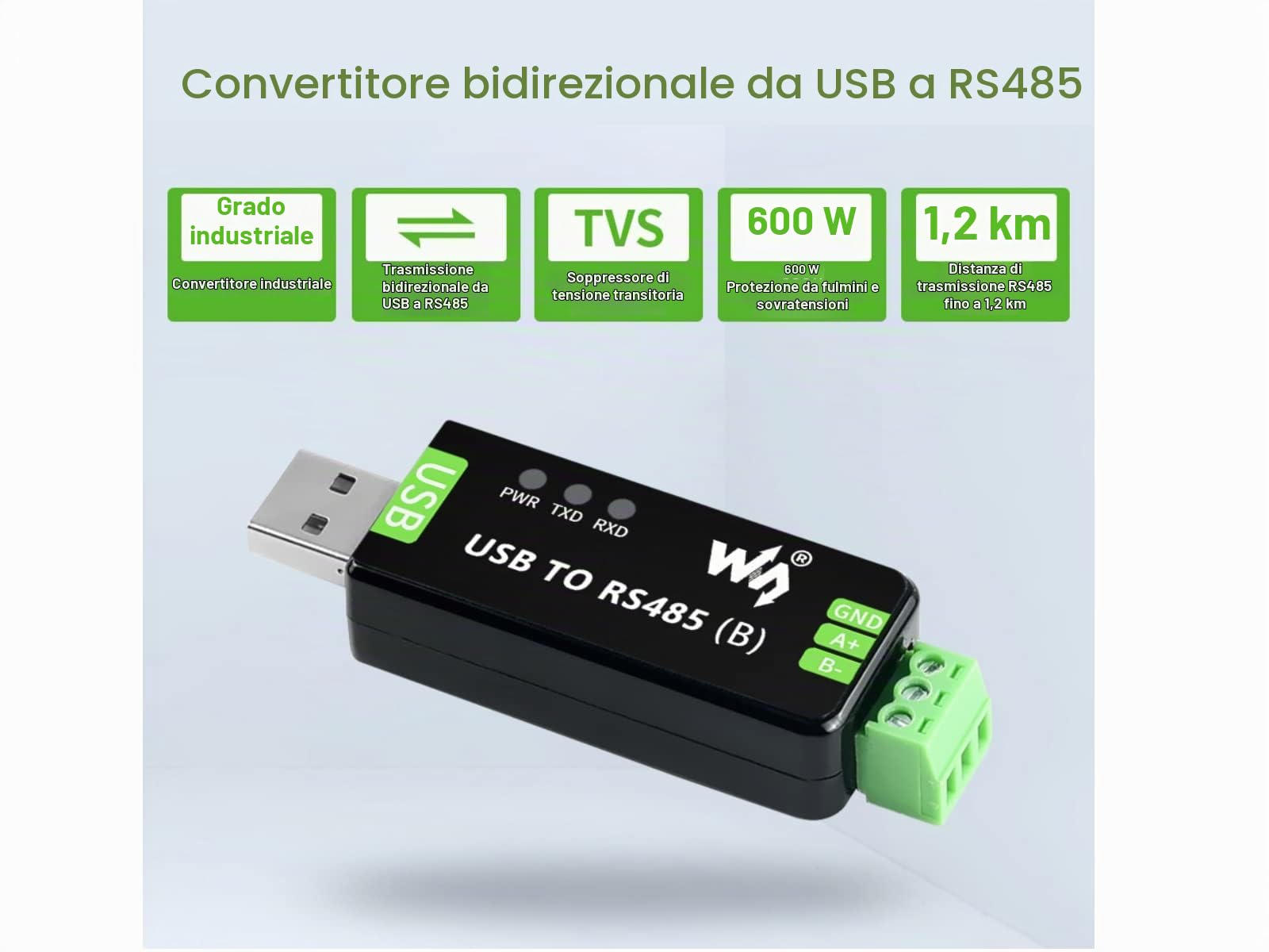 Waveshare Industrial USB to RS485 Converter with original CH343G And SP485EEN 300bps ~ 3Mbps Baudrate Built-In Lightningproof Tube,Resettable Fuse, ESD And TVS Protection Circuits