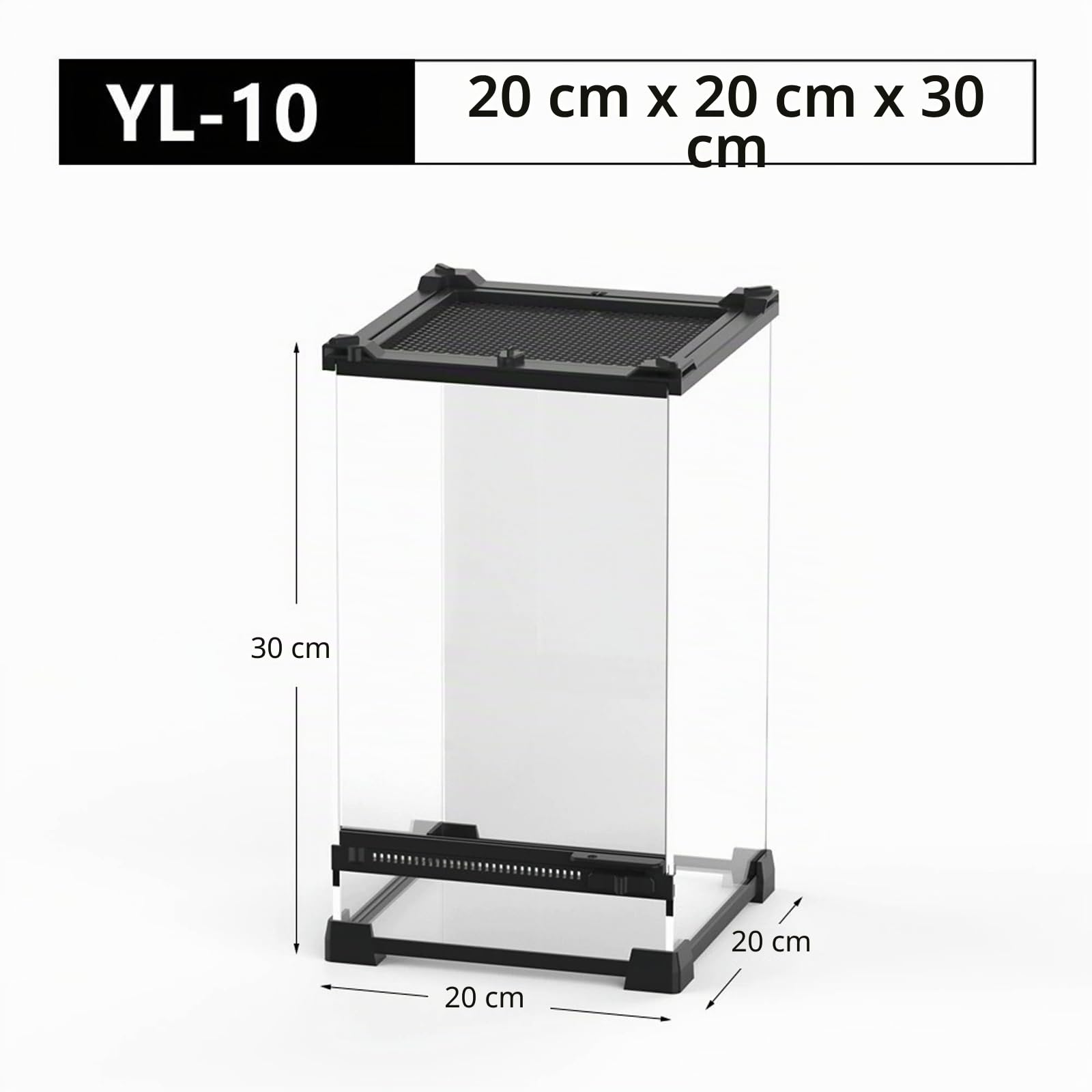 Rettile Errarium - Scatola di alimentazione per rettili, con ventilazione frontale, terrario in vetro con chiusura a vite anti-rottura, contenitore multiuso per rettili, anfibi, nero, 20 x 20 x 30 cm