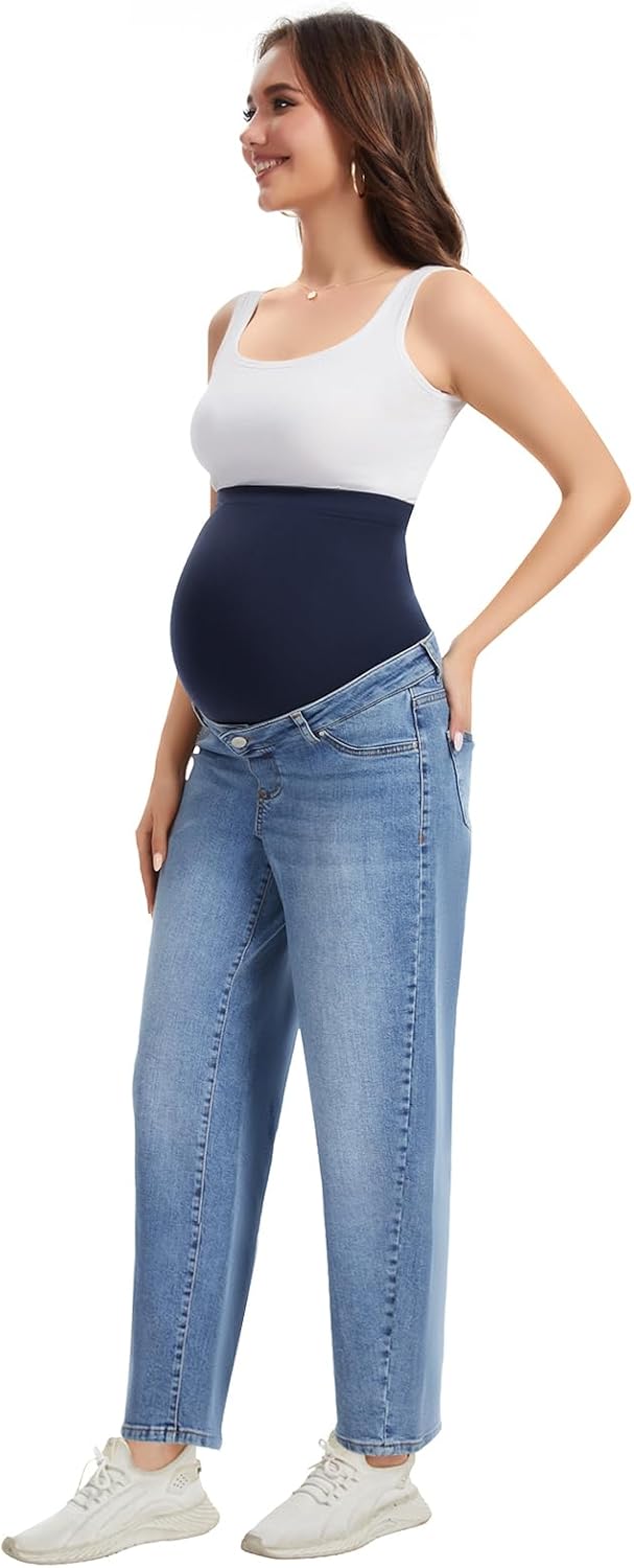 OVRUNS Maternity Jeans for Women Stretch Barrel Jeans Over The Belly Pregnancy Denim Pants with Button Waist - Image 4