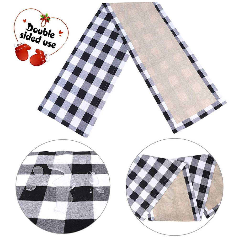 Palmhill Cotton Burlap Buffalo Plaid Table Runner, Christmas Reversible White and Black Checkered Table Runners for Holiday Christmas Table Decorations, 14 x 72 Inch
