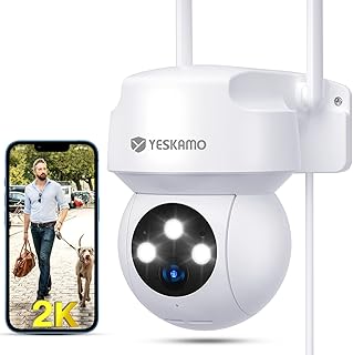 YESKAMO 360° Auto Track Security Camera Outdoor, Alexa Enabled 2K Wired WiFi Home Surveillance with CCTV Camera System, AI Motion Detection, Floodlight, Colorful Night Vision, Siren, IP66 Waterproof
