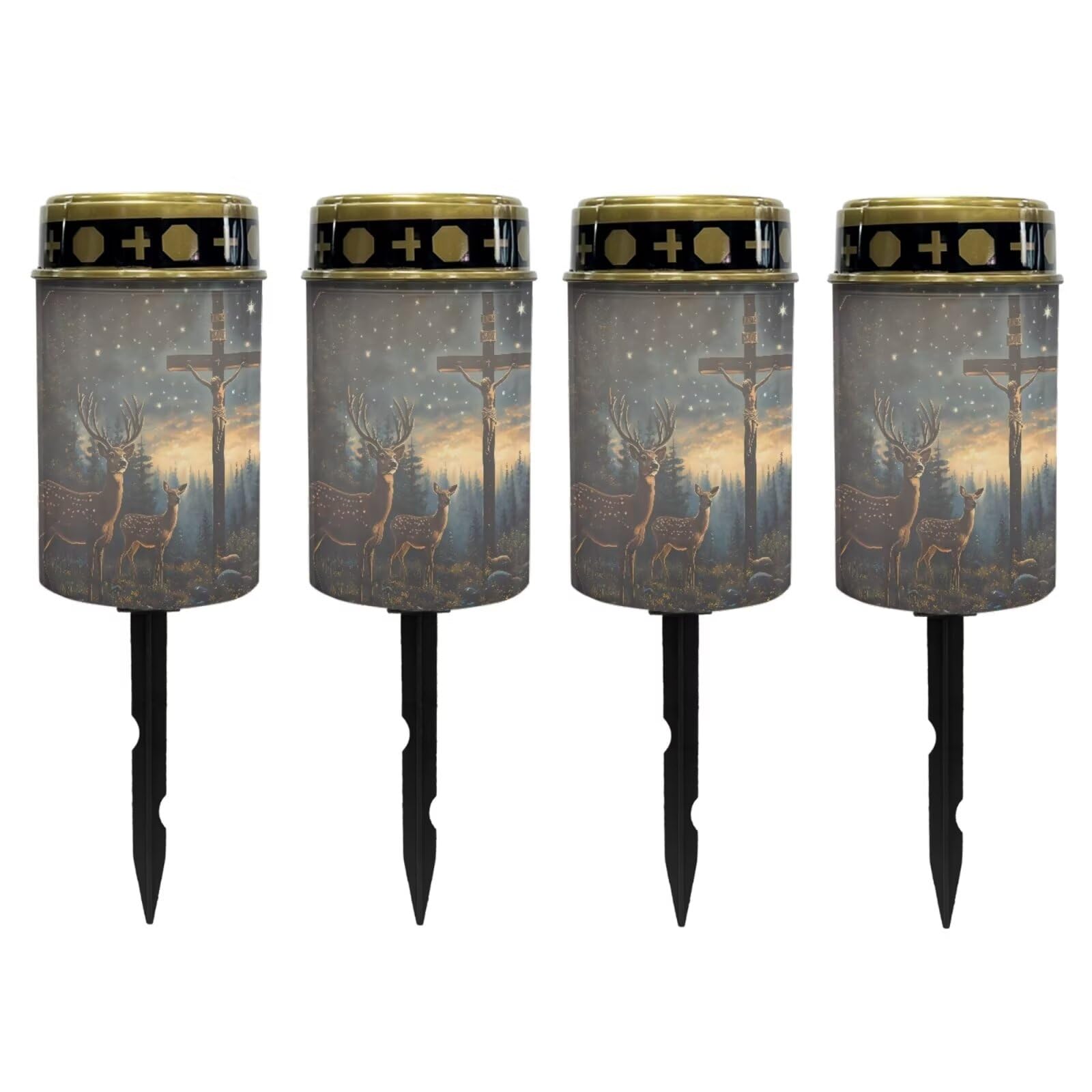 Poceacles 4 Pieces Cross Solar Lights Outdoor Waterproof for Grave Decorations Fake LED Flameless Candles Outdoor Solar Lights Solar Lamp for Cemetery Pathway Lawn Yard, Deer Cross Starry Sky