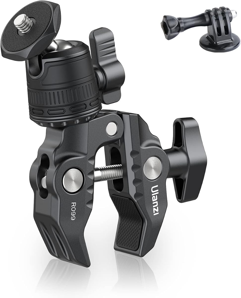 ULANZI R099 Soporte para cámara con súper abrazadera con cabezal esférico de 360° | Abrazaderas de tubo de poste de 0,51-2,36 pulgadas, carga de 3,3 libras, para manillar de bicicleta, motocicleta, Insta360, GoPro, DJI, teléfono, DSLR, Monitor de luz