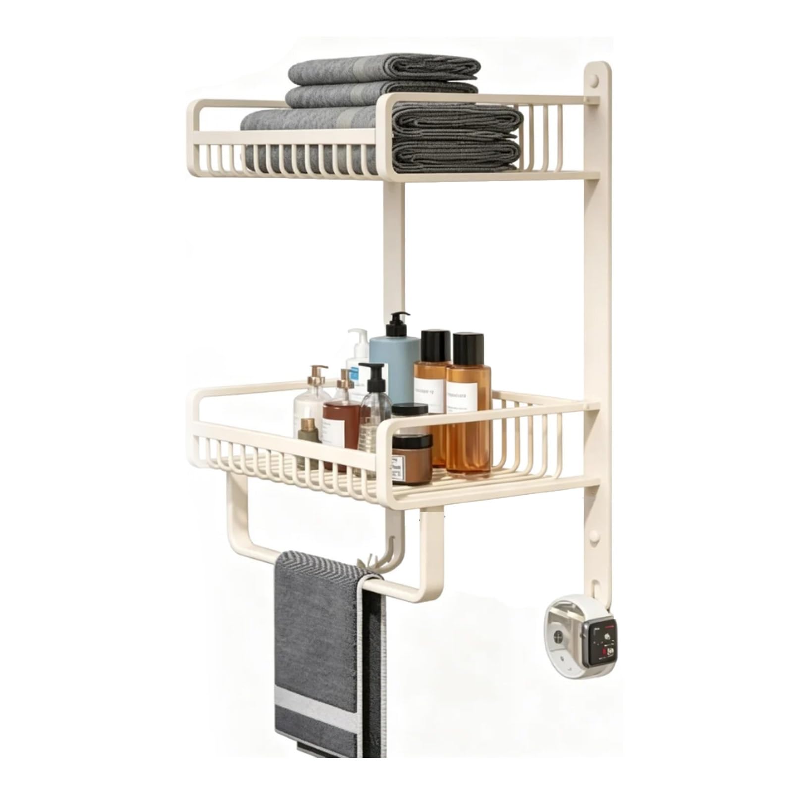 Portasciugamani a 2 ripiani, mensola porta asciugamani da parete, cestino portaoggetti in rete, realizzato in alluminio spaziale, per soggiorno, balcone, bagno (colore 3, L, 33 cm)