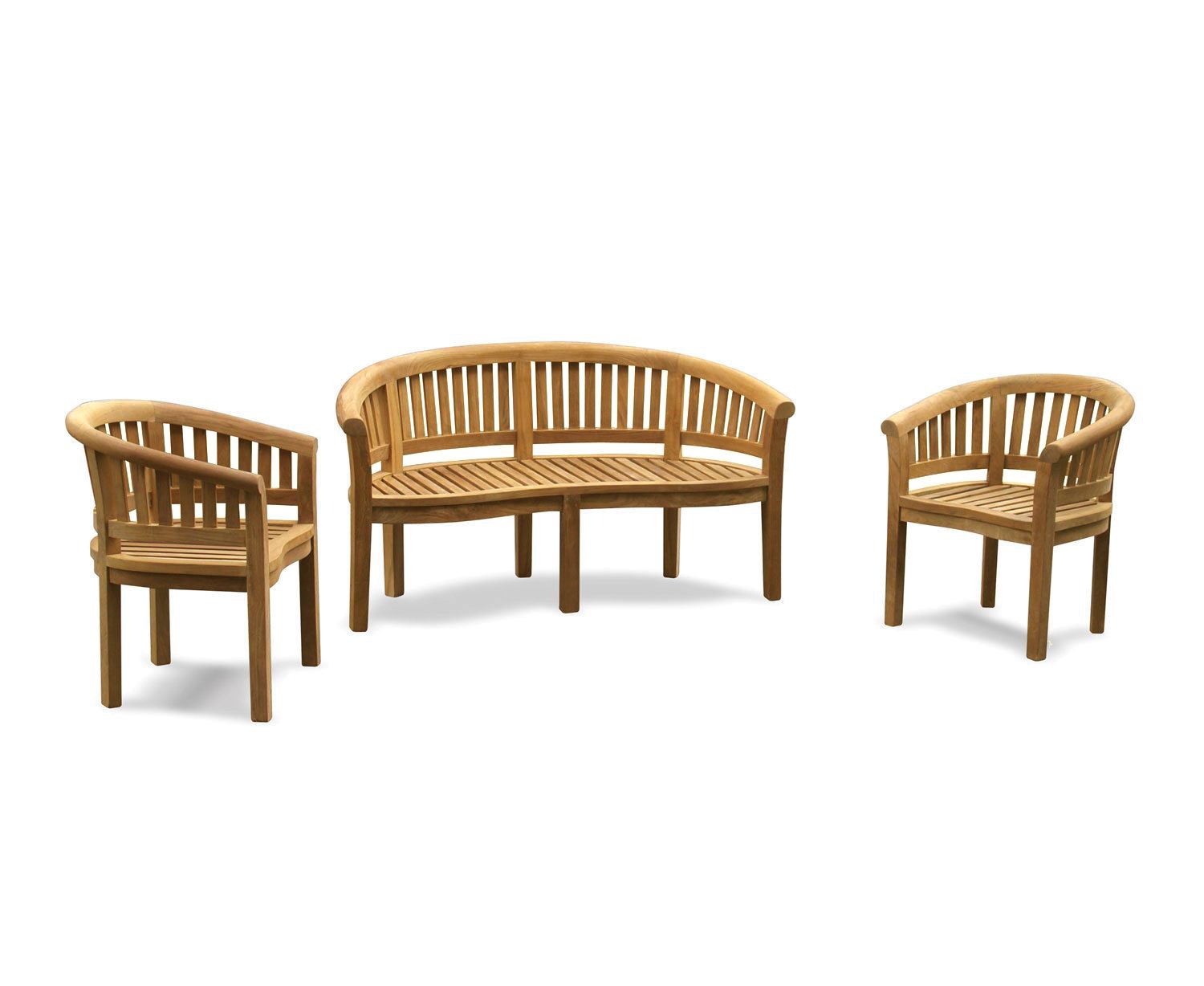 Jati 5-Seater Teak Garden Bench and Chairs Set - Wimbledon 1.59m Banana Bench | 2x Apollo Banana Tub Chairs | Delivered Ready-Assembled