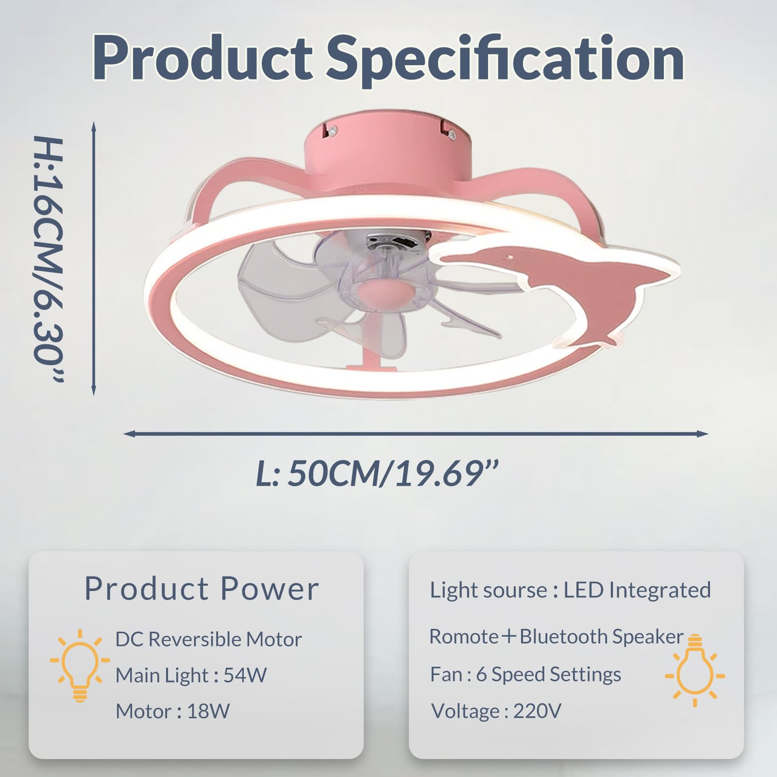 Ventilador de Techo Infantil Regulable con Forma de delfín, luz y Mando a Distancia, Ventiladores de Techo Modernos para Dormitorio Infantil con lámparas, Ventiladores de Techo LED