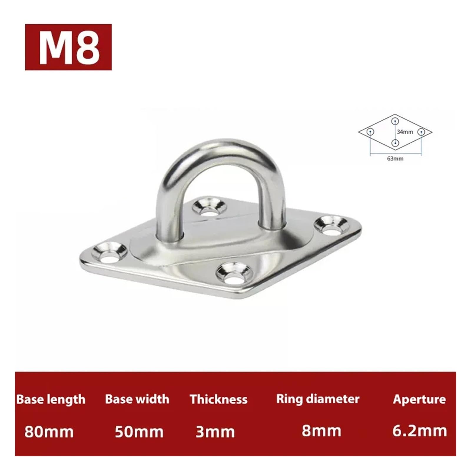 Eye Pate 16 Stück diamantförmige 304 Edelstahl M8 Haken U-förmiger Haken Basis Deckenventilatoren/Sandsäcke/Hängematten/Freizeitsofa/Festhaken 80 mm (M8)