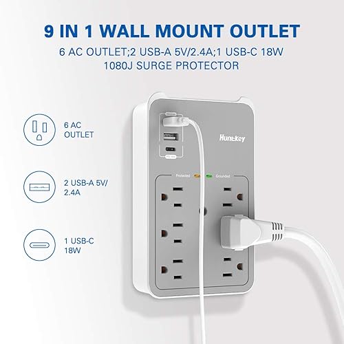 Miniatura 2 de Huntkey - Extensor de toma de corriente de pared, enchufe múltiple con USB C PD de 20 W, 6 tomas de corriente alterna con 2 puertos USB A, cargador