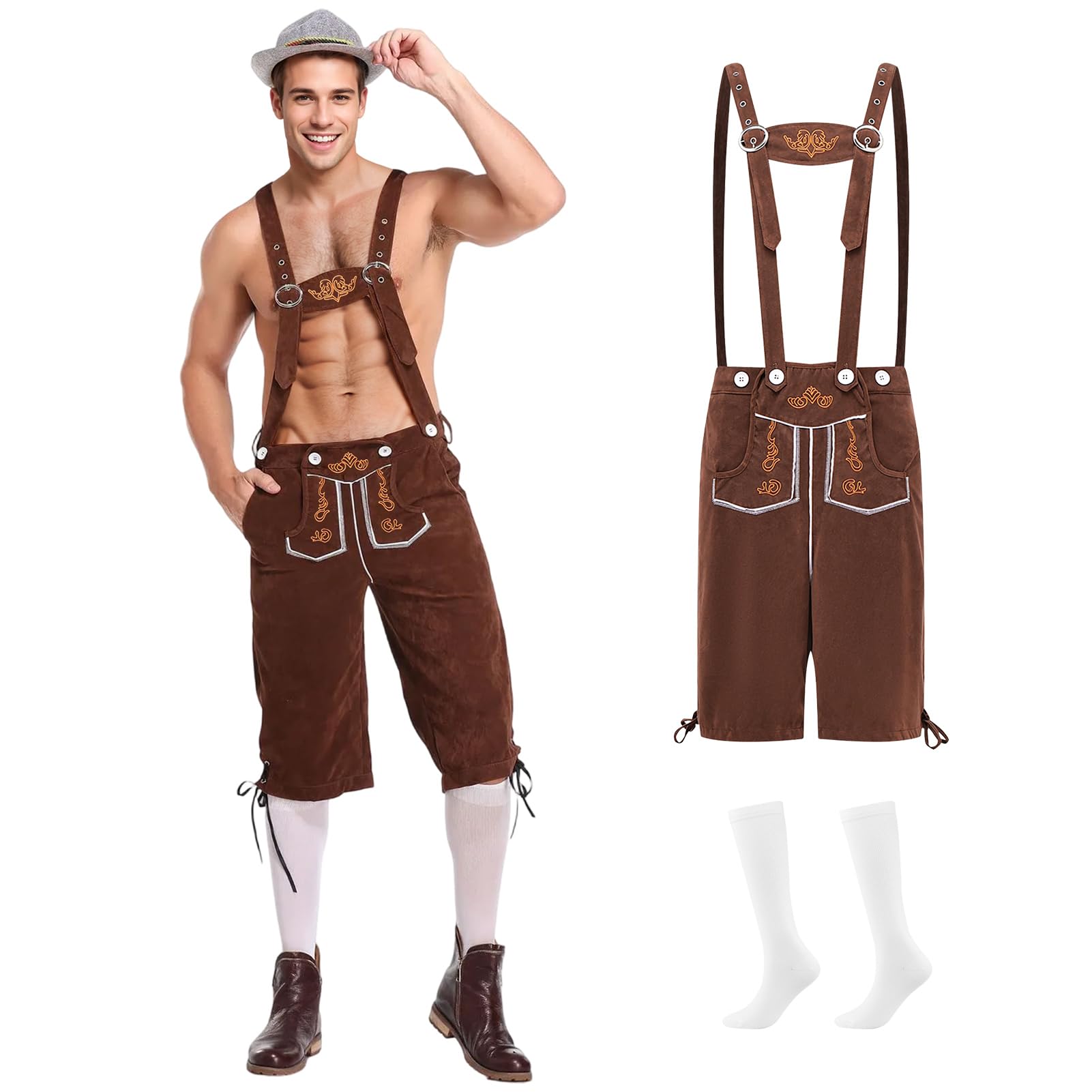 Alaiyaky Lederhosen Men, Traditional Bavarian Costume Men Oktoberfest Outfit October Festival Mens Lederhosen with Socks, Brown/Black Shorts German Costume for Oktoberfest (Style B, XL)