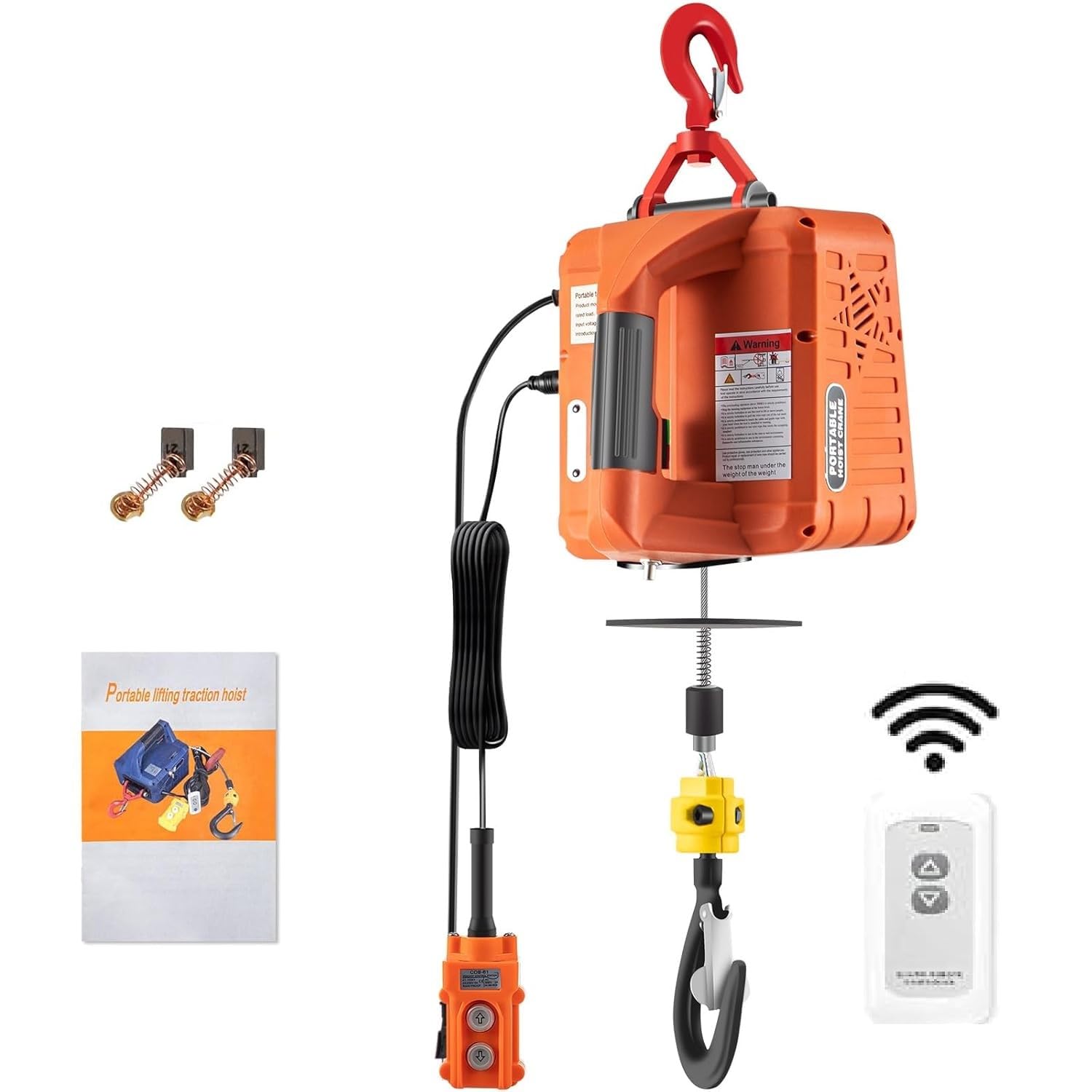 VEVOR 3in1 Electric Hoist Winch, 1500W Portable Electric Winch, 110V Power Winch Crane, 25ft Lifting Height, Overload Protection for Lifting Wireless + Wired + Manual Orange