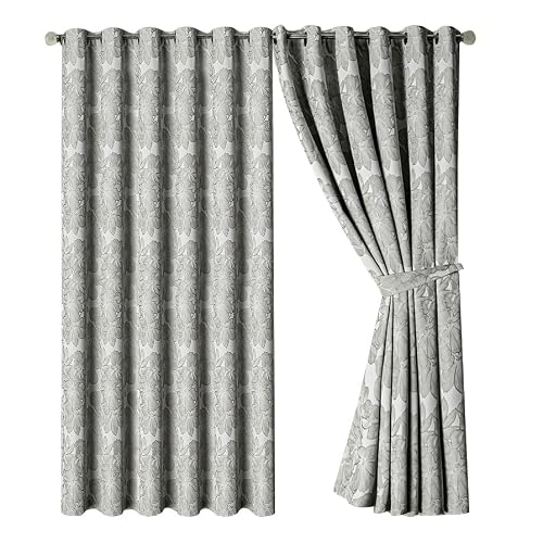 Image of OpulentDreams Jacquard Curtains - Heavy Ring Top Window Curtains for Bedroom & Living Room - Fully Lined - Includes Two Tie Backs - Pair of Panels (Light Grey - Eyelet, 66" x 72" (167 x 183 cm))
