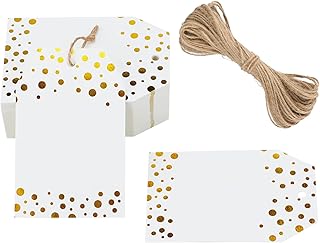G2PLUS Foil Gold Dots Gift Tags,50Pcs White Paper HangTags with String,Metallic Gold Dots Present Tags Personalized Blank Labels for Wedding,Gift Wrapping,Birthday,Party Favors（3.34"×2.16")