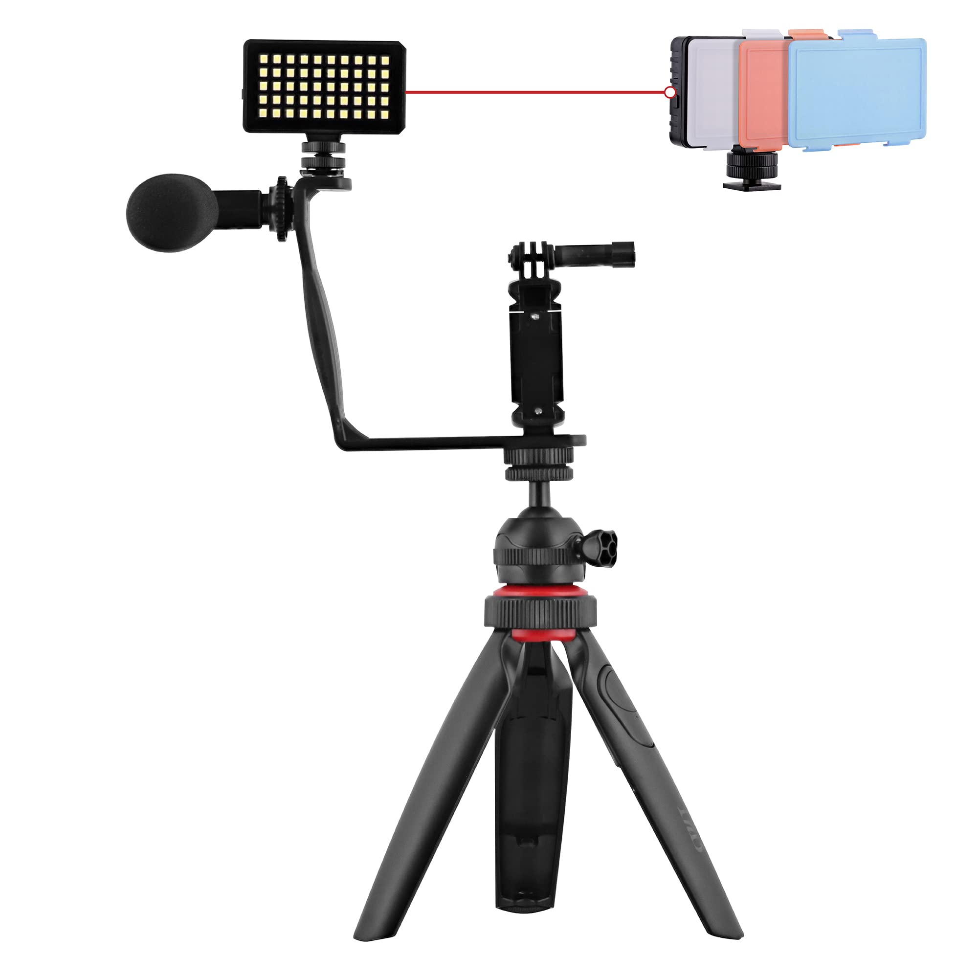 T’NB Influence Kit Vidéo pour Smartphone avec Trepied, Kit Vlogging, Lumière LED, Microphone avec Bonnette, 3 Filtres de Couleur, Télécommande sans Fil, Compatible Android/iPhone - Noir