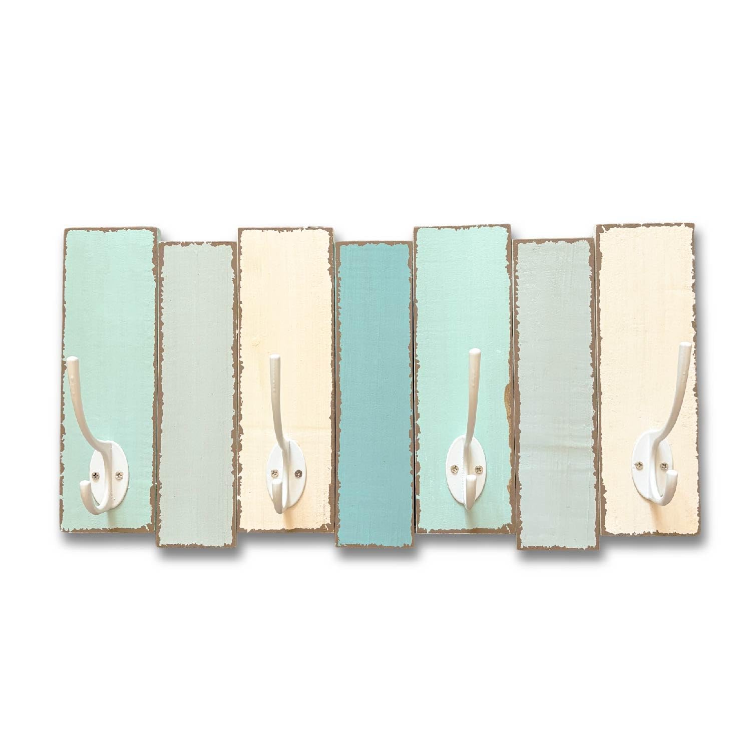 Tumbler Home Beachy Wood Wall Rack-4 Double Metal Hooks-Distressed Beach Decor Finish 16 inch x 8 inch