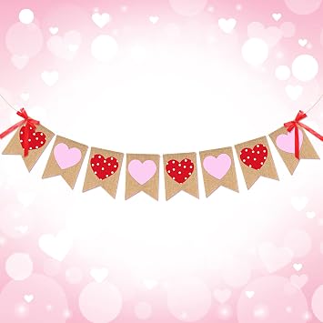 Tudomro Valentines Day Banners Burlap Heart Garland Felt Banner Rustic Valentines Day Decorations with Bows for Mantle Inside Wedding Anniversary Birthday Party Decorations Supplies