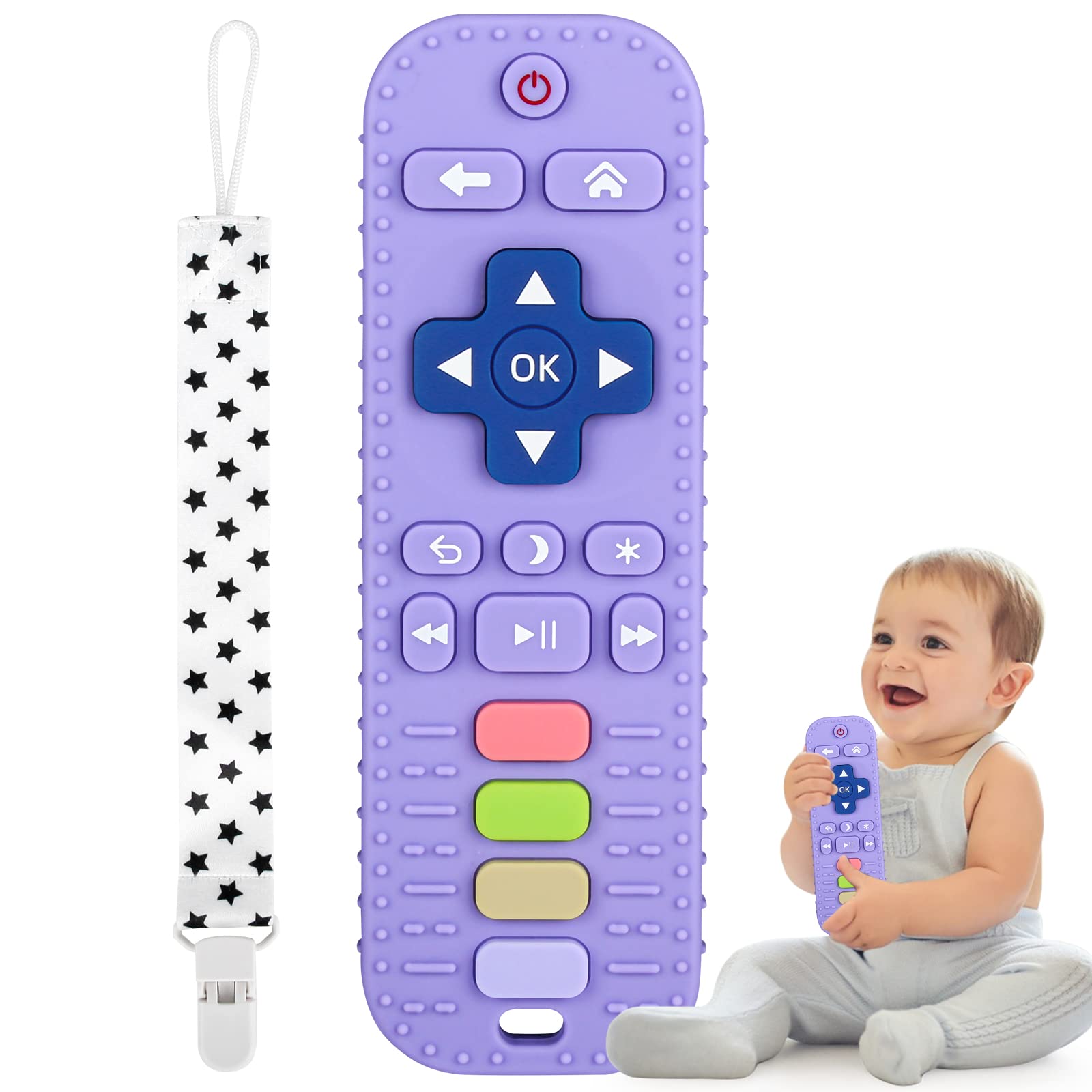 Silicone Teething Toys for 0-24 Months Infant Toddlers, Remote Control Shape Teethers for Babies Chew Toys, Relief Soothe Babies Gums Set Dishwasher and Refrigerator Safe Purple