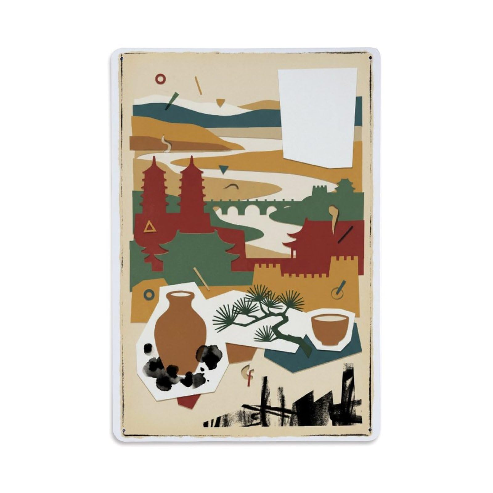 Okngb Style Chinese Taiyuan Travel Mosaic Minimalist Illustration Metal Tin Sign Plaque Wall Decor For Cafe, Man Cave, Club Bar, Office, Home Garden Round Metal Poster 8X12inch