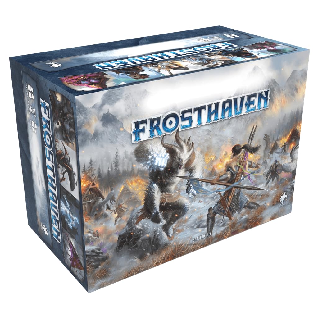 Cephalofair Games Frosthaven, kooperacyjna gra planszowa, kampania osadzona w lodowym wszechświecie, od 14 lat, 1-4 graczy, 30 minut gry na gracza, wersja hiszpańska