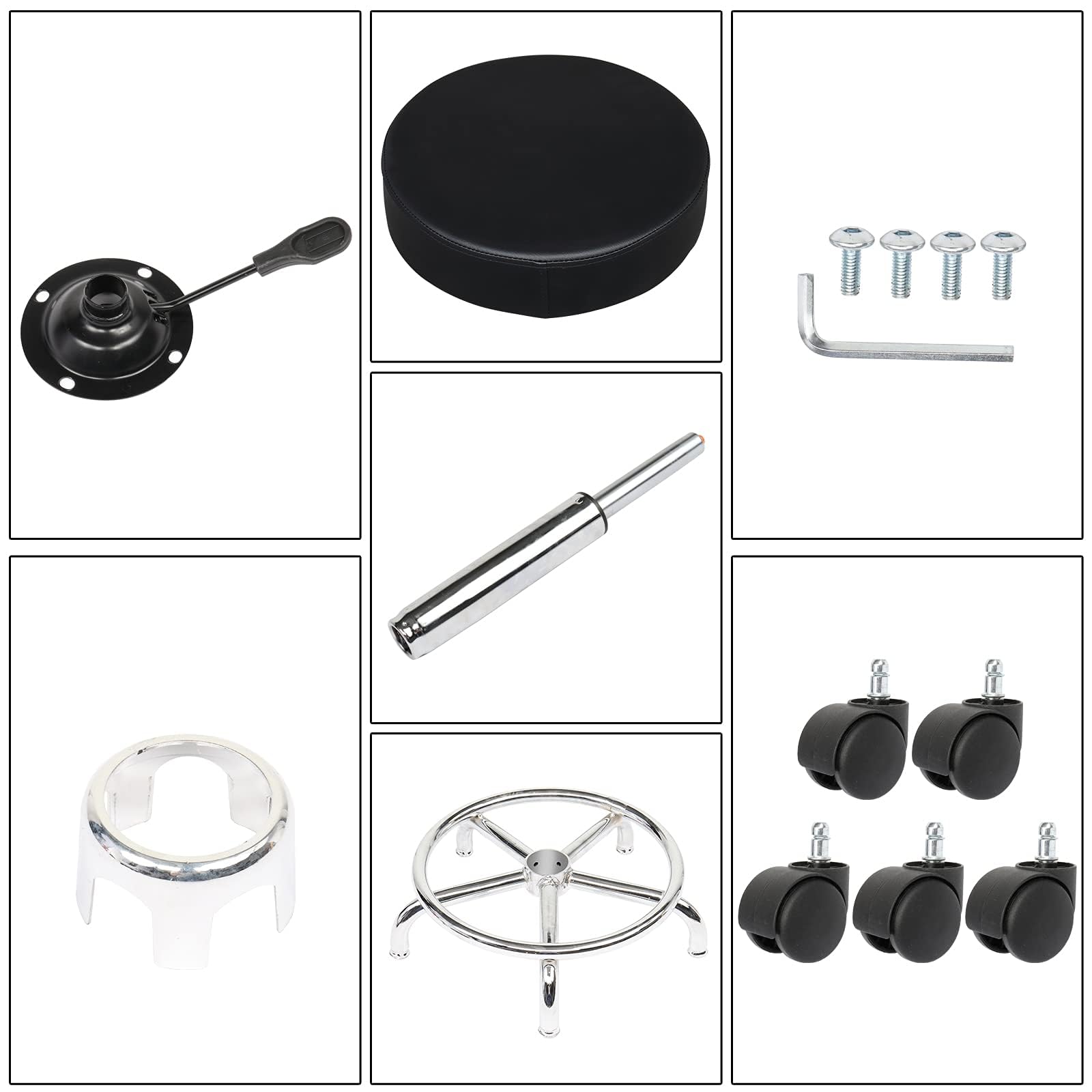 Sgabello con Ruote Regolabile in Altezza in Pelle PU, Sedia da Lavoro Imbottita con Cuscino in Pelle 8cm, per Bar, Casa, Parrucchiere,Ufficio (1, Nero)