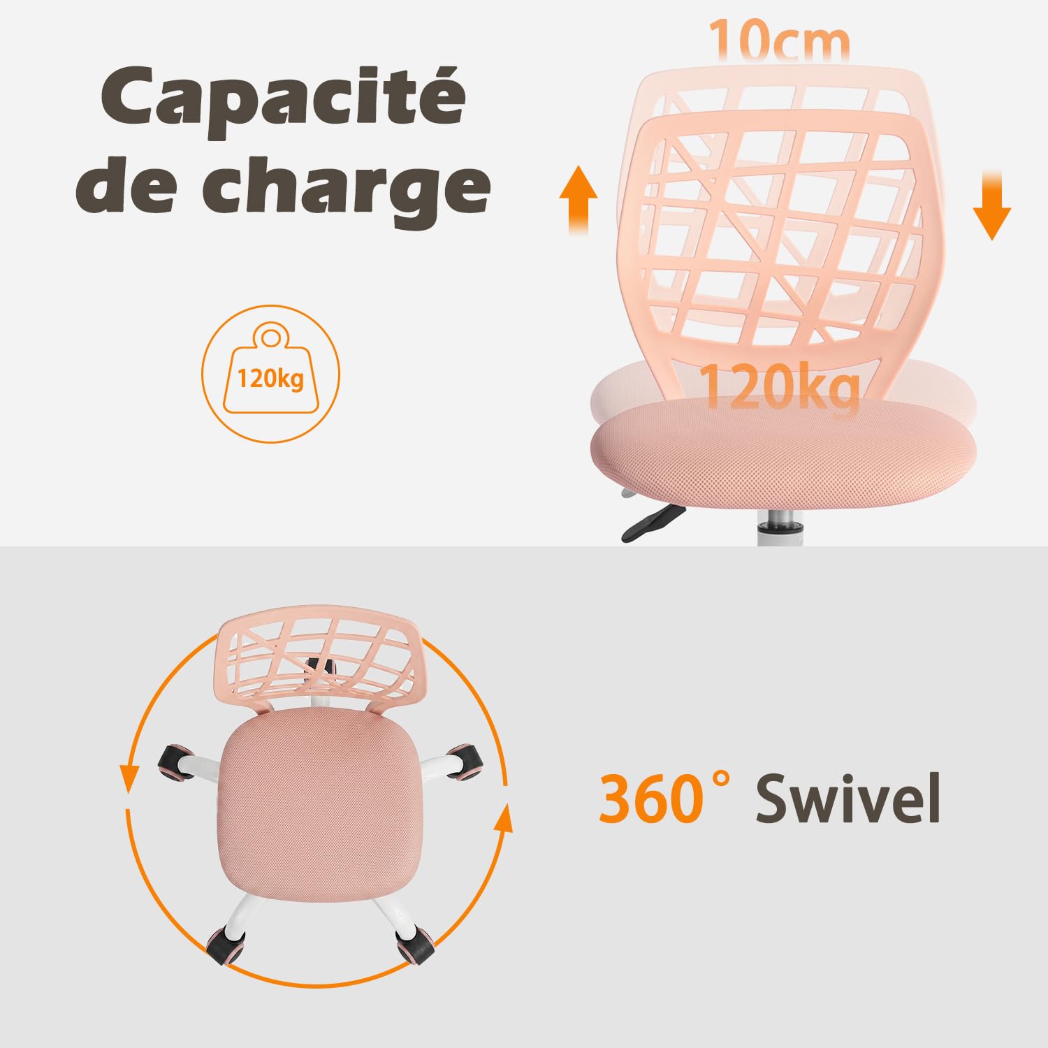 MEUBLE COSY Chaise de Bureau Ergonomique, Siège Pivotant, Réglable en Hauteur, Chaise Ordinateur sans Accoudoirs, pour Télétravail, Étude et Chambre, Rose Corail