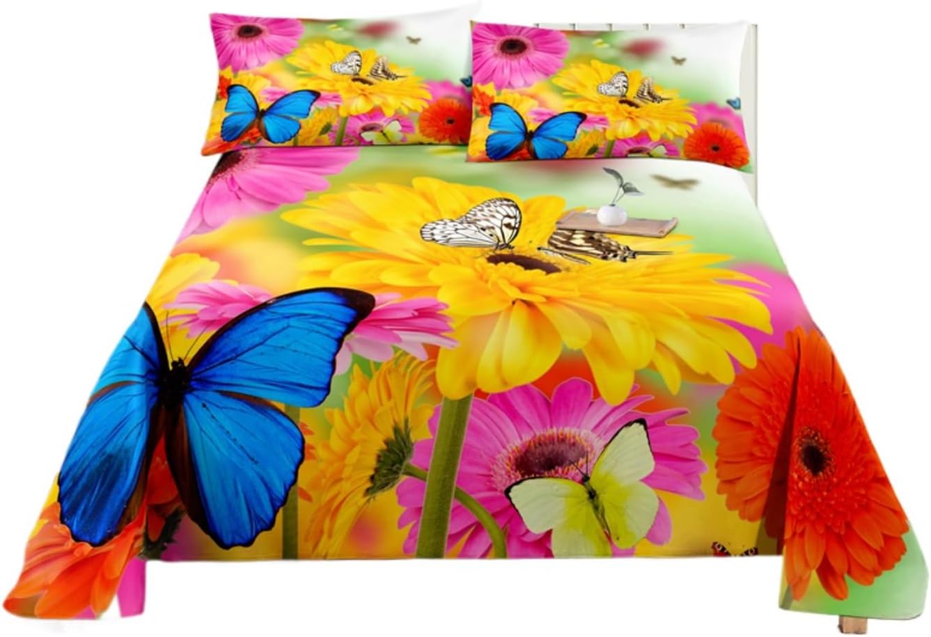3D Sunflower Bedding Set Sunflower Flower Duvet Cover Sets Butterfly Plant Quilt Covers Pillow King Queen Full Twin Home Textile for Children Bedclothes with Pillow (US Queen,4)
