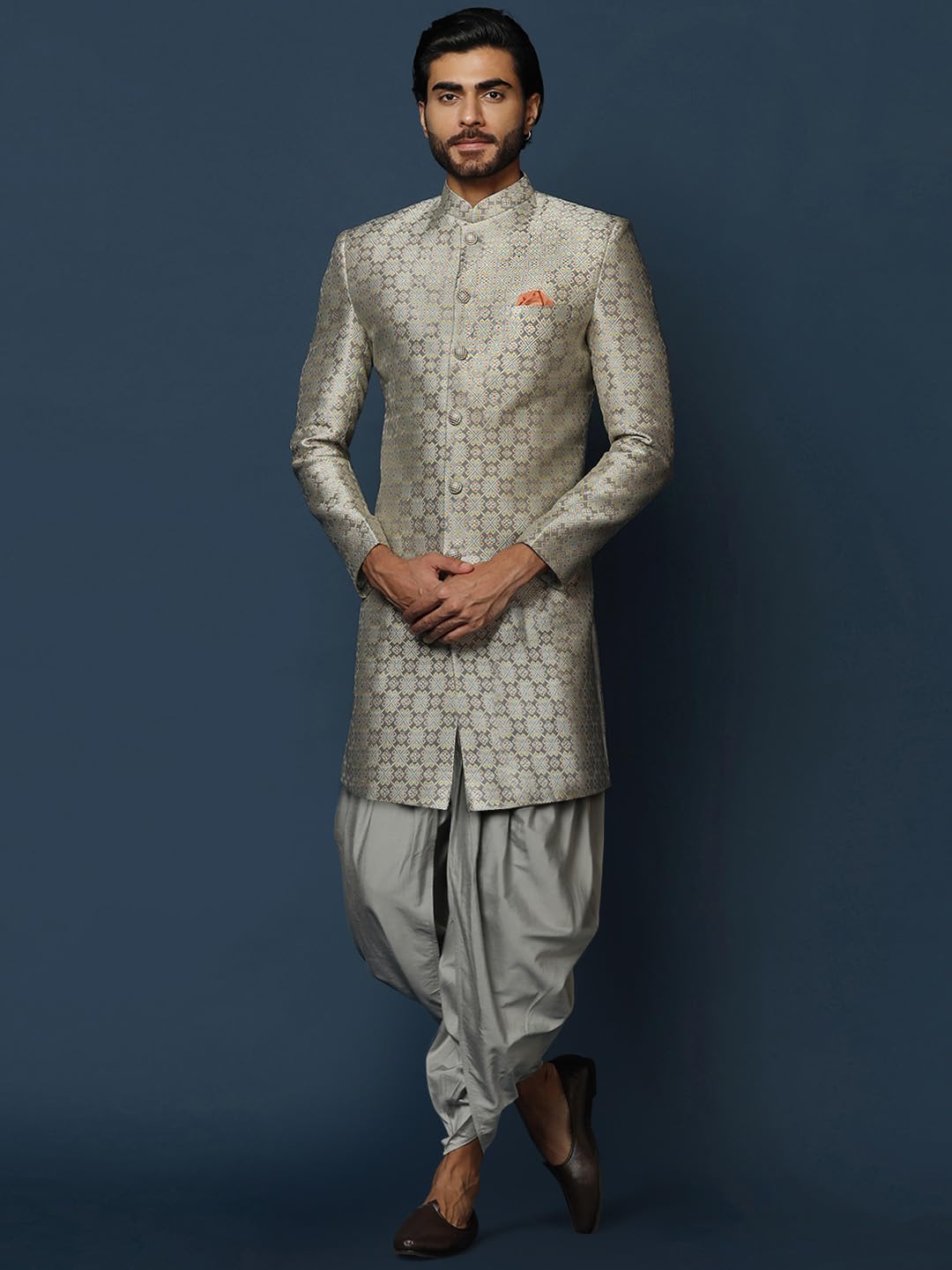 KISAH Mens Sherwani Dhoti Set Silk Blend Jacquard, Indo-Western Ethnic Wear for Men, Grey, 44 - Image 2 thumbnail