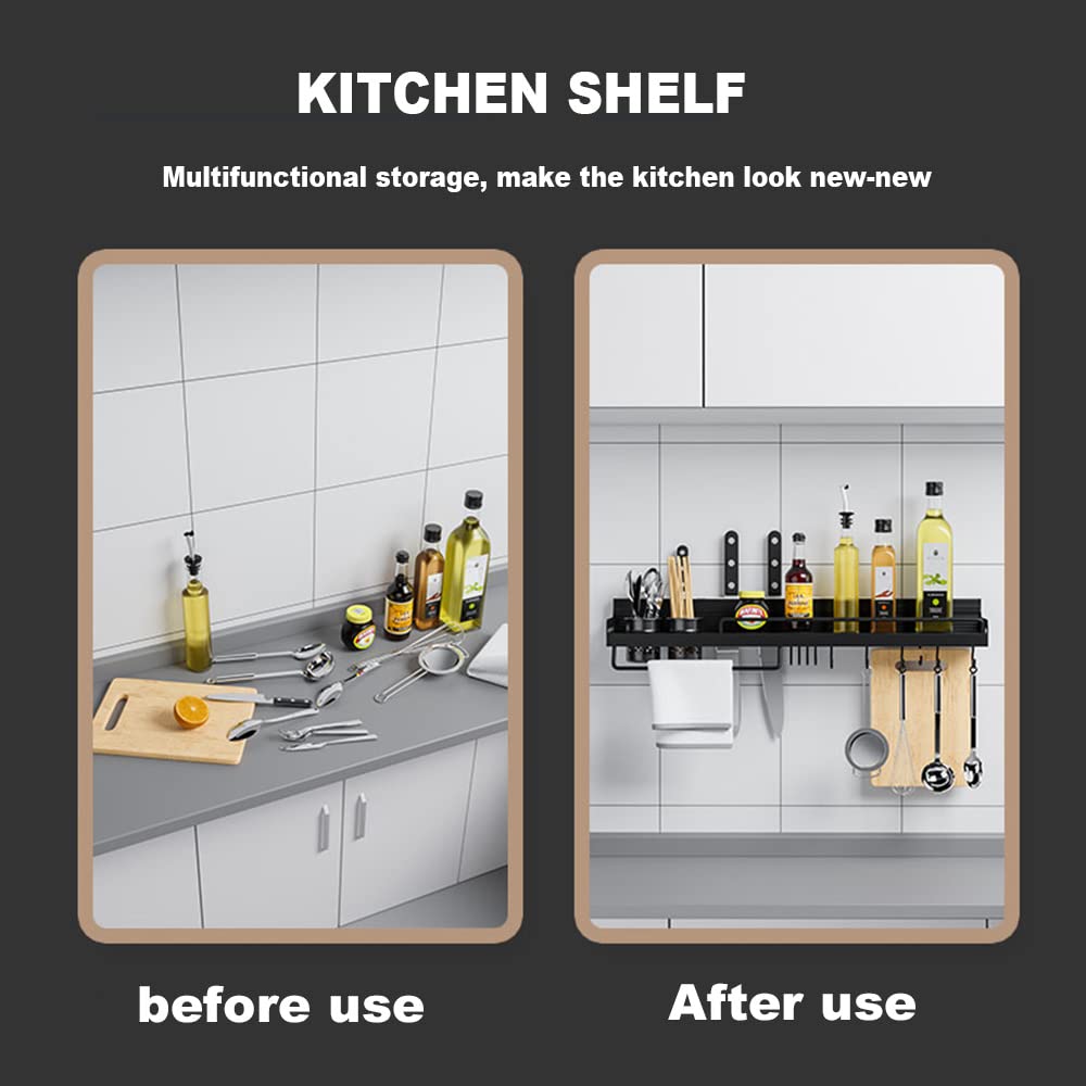 Estante de especias para colgar en la pared, estantes de cocina multifuncionales con ganchos móviles y soporte para cuchillos para almacenamiento doméstico