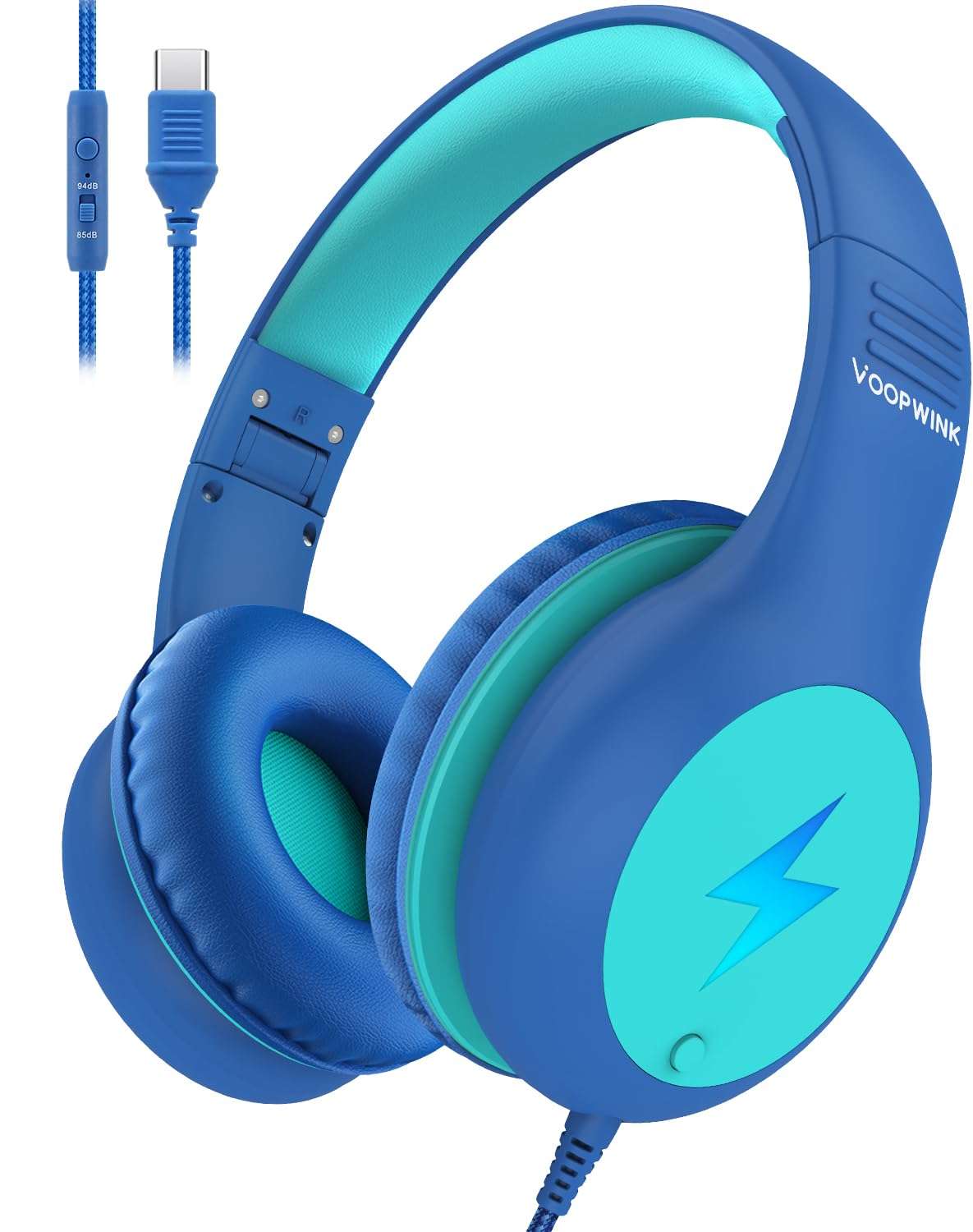 Voopwink Kids Headphones Wired with Microphone, USB Type C Headphones for Kids Girls Boys with Cord/LED Lights/85/94dB Volume Limit, Portable Over Ear