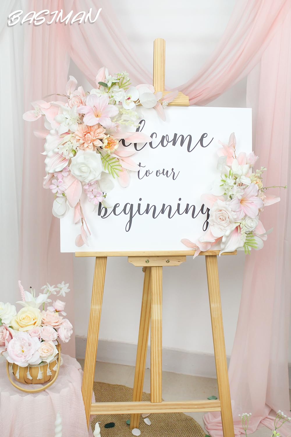 Set mit 2 Hochzeitsbögen, künstliche Blumen für Hochzeit, Willkommensschild, Hochzeitsdekorationen für Empfang und Hochzeitshintergrund (Eukalyptus-Rosa)