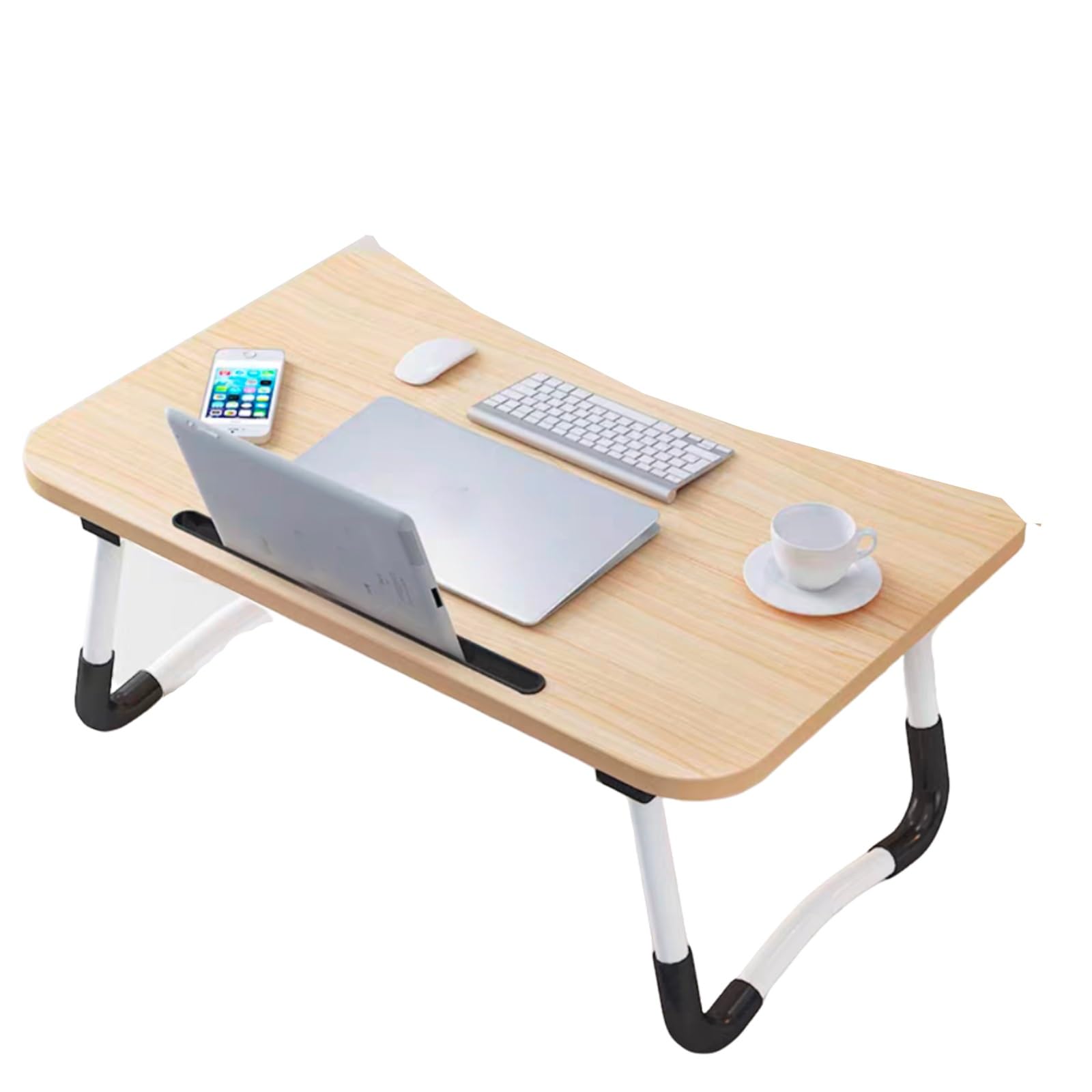Plateau pliable pour ordinateur portable – Bureau portable réglable avec porte-gobelet pour lit et canapé – Design noyer léger idéal pour la maison, le bureau et l'étude