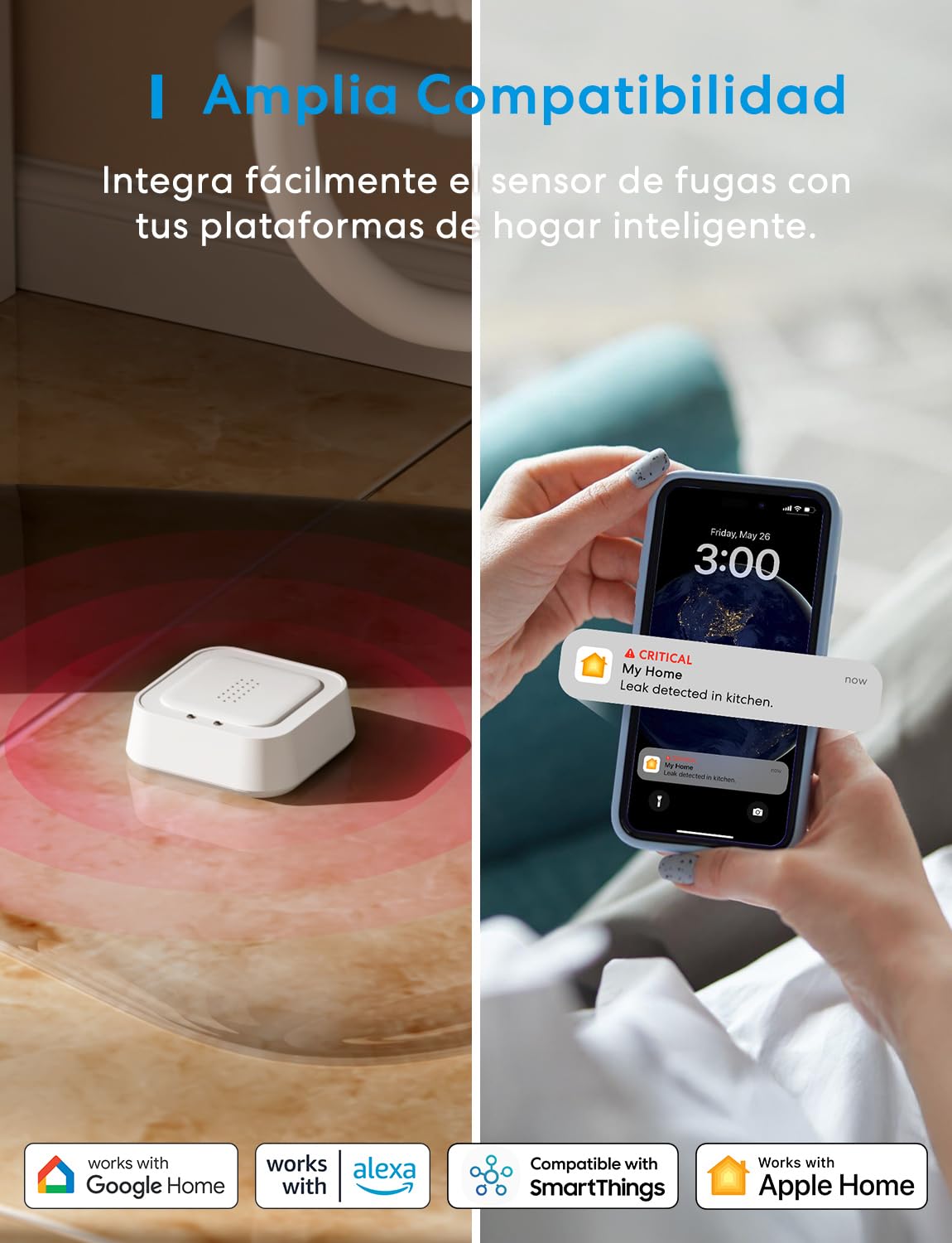 Meross Matter Detector de Agua Inteligente HUB MSH450 Incluida, 100 dB | Detector de Fugas de Agua, desviación de 0,3 mm, para cocinas, baños, sótanos, Compatible con Apple Home, Alexa y Google