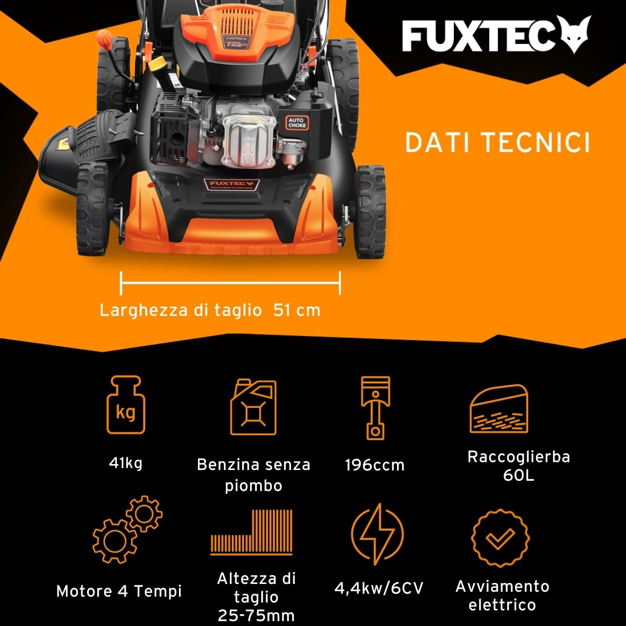 Tagliaerba a benzina con avviamento elettrico e trazione regolabile FX-RM5196eS-PRO FUXTEC tosaerba a scoppio semovente e mulching