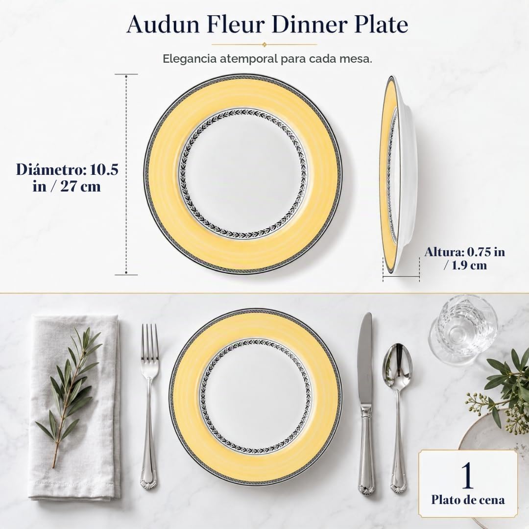 Villeroy & Boch Audun Fleur Plato llano, 27 cm, Porcelana Premium, Blanco/Gris/Amarillo | Porcelana, diseño multicolor, una pieza, entrantes, ensaladas compuestas, aperitivos compartidos