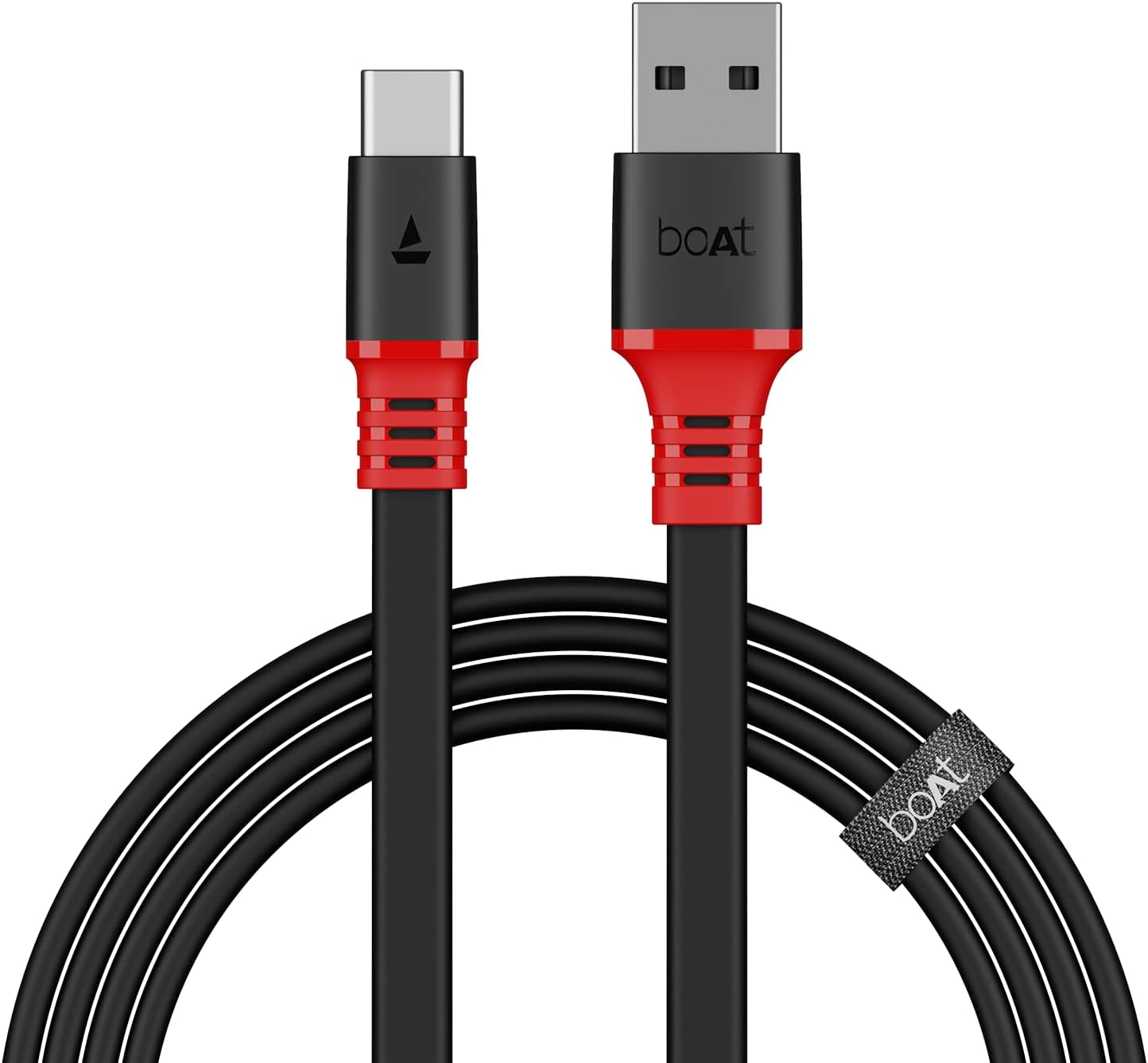 boAt Type C A750 6.5A Flat Super Fast Charging Cable w/Stress Resistance, Upto 65W/6.5Amp & Compatible w/Xiaomi, Oneplus, Samsung, Vivo, Oppo,480 Mbps Data Transmission Speed(Rebellious Black), 1.5M