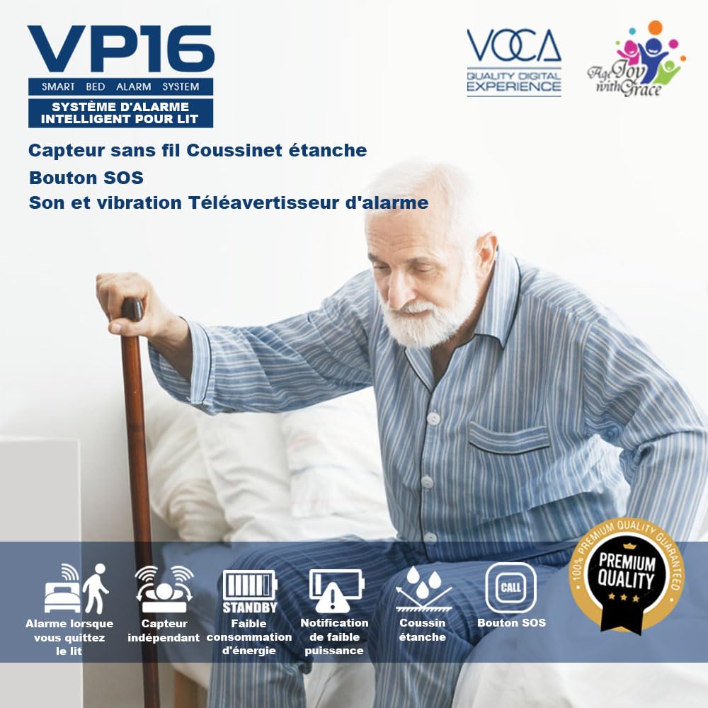 Alarme de lit VOCA VP16 sous matelas pour personnes âgées, tapis de détection sans fil avec alerte précoce et téléavertisseur, alarme de sécurité pour lit, prévention des chutes, pour personnes âgées
