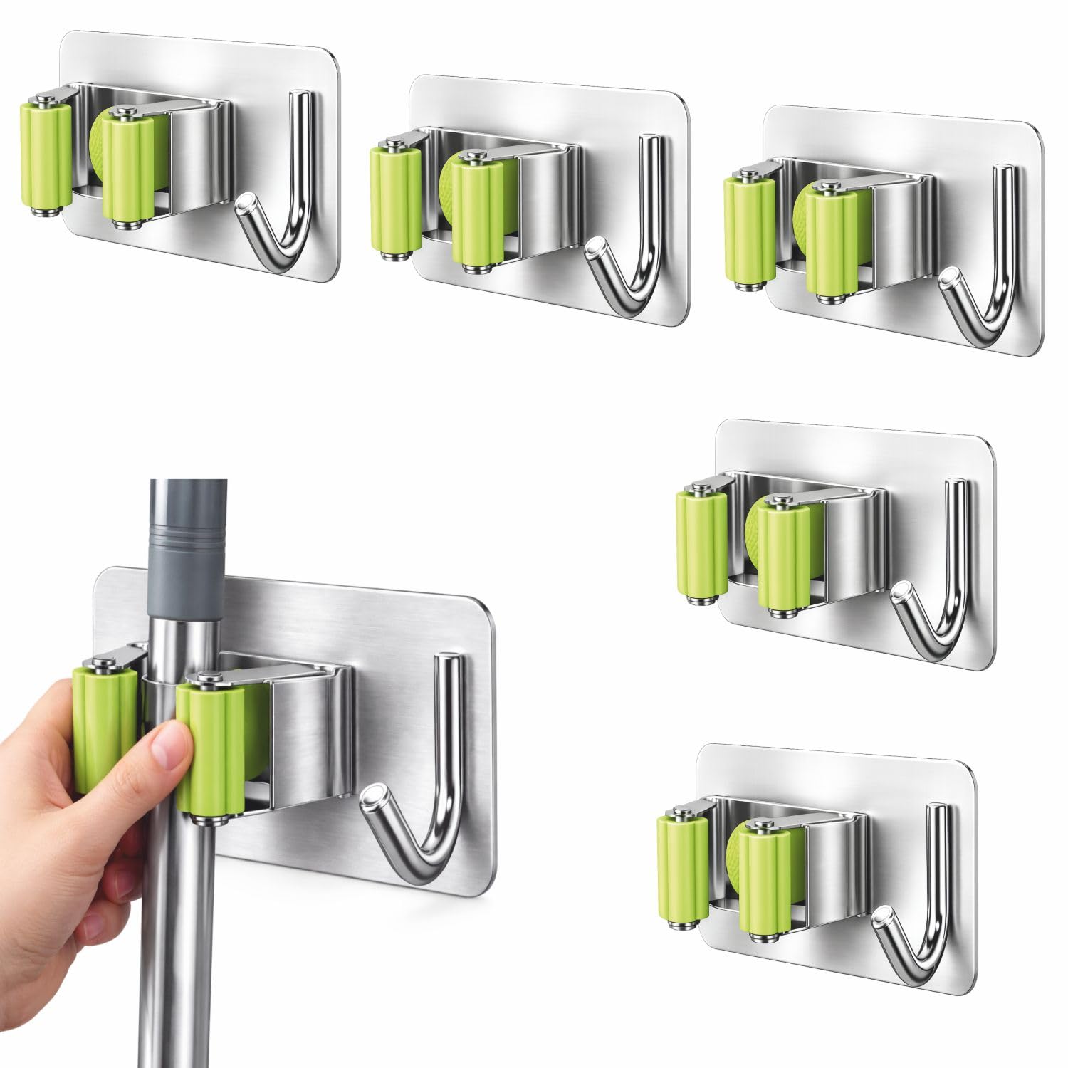 JIALTO 5 Pcs Adhesive Mop Holder and Broom Holder Wall Mounted Stainless Steel | Heavy Duty Mop & Broom Organizer with Hooks | Adhesive Storage Rack for Kitchen & Bathroom - Green