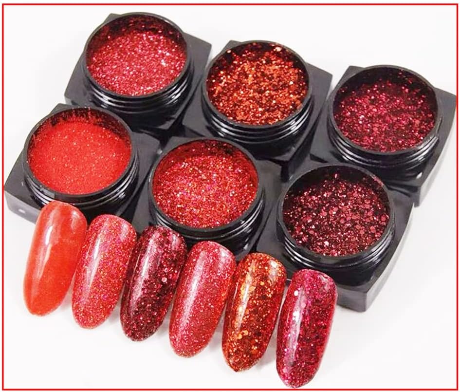 Red Nail Art Glitter Sequins Red Crystal Diamond Sparkly Nail Powder Valentine's Day Nail Supplies New Year Wedding Shiny Nail Flakes for Women Girls Holographic Manicure Tips Charms Pigment 6 Boxes image 4