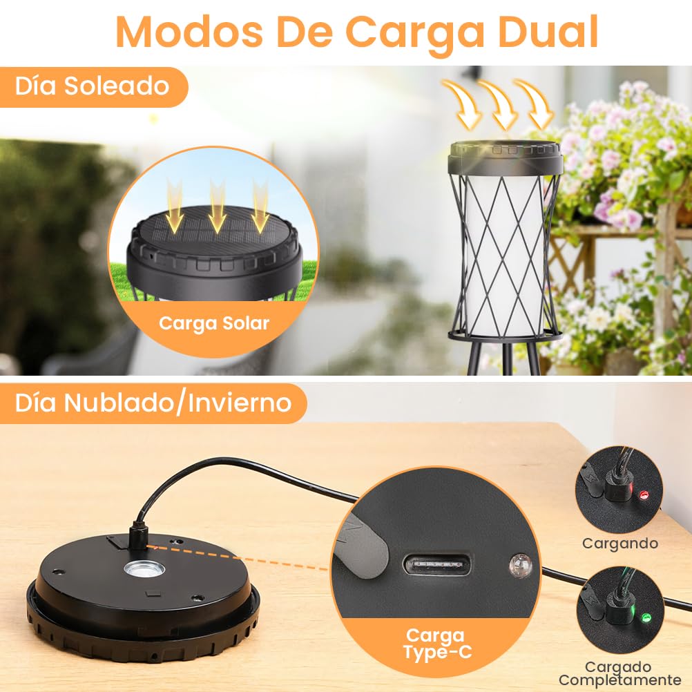 OUSFOT Luces Solares Exterior con USB en Pie, Resistente al Agua Solar Lights Outdoor con Tres Ajustes de Temperatura de Color, Iluminacion Exterior Solar para Terraza, Jardín, Patio o Plantas