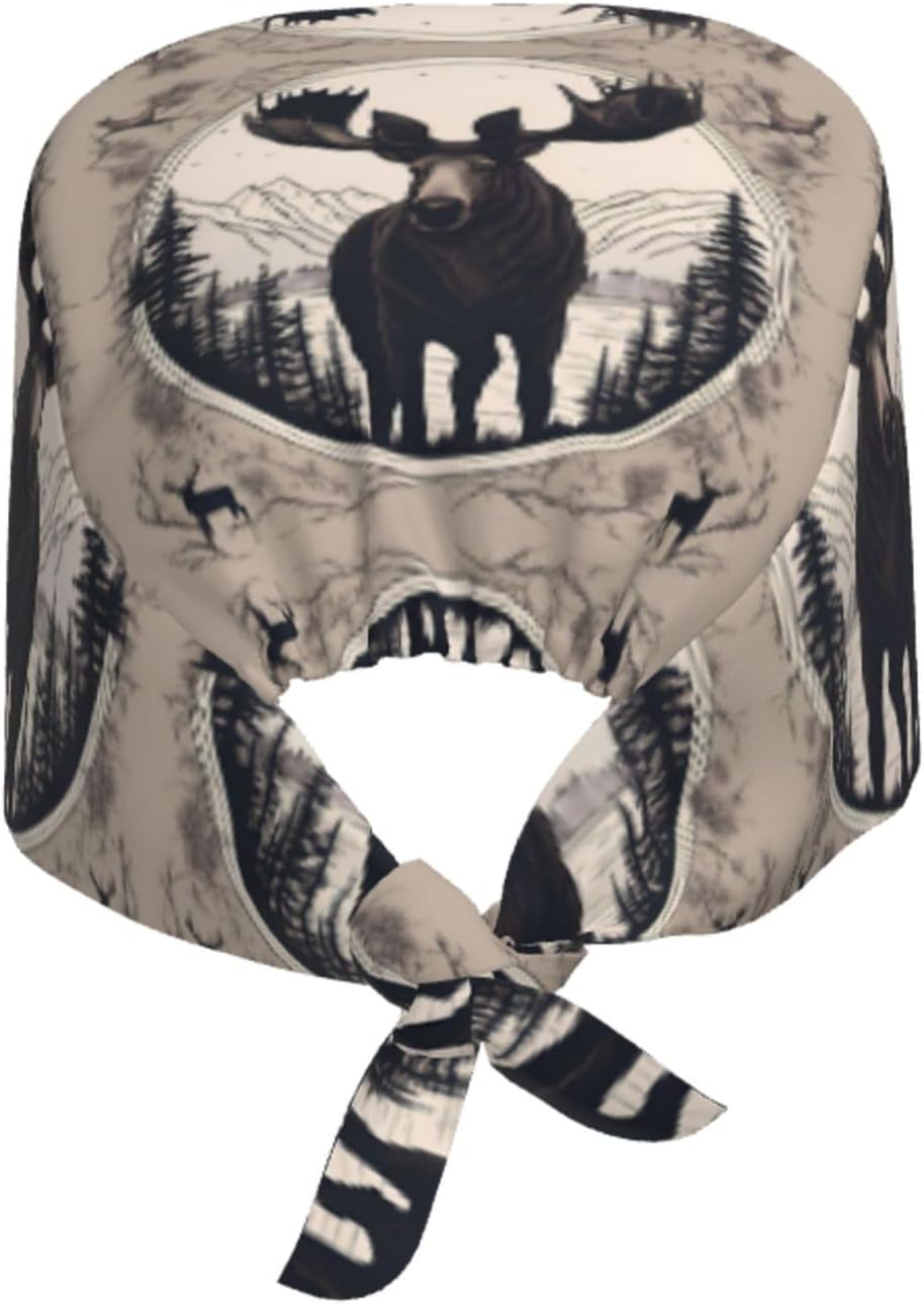 Breathable Work Hat Moose Bear Deer Picture Adjustable Comfortable Chef Hat for Women & Men Black