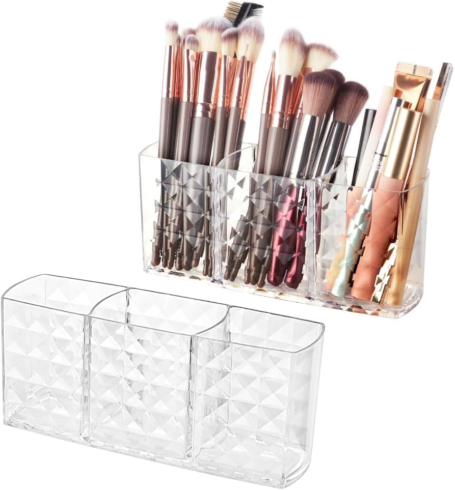 2-piece Makeup Brush Holder, 3 Slot Acrylic Makeup Brush Organiser, Clear Dressing Table Organiser Box for Eyeliners, Lipstick, Mascara and More Make-Up Storage-image-31